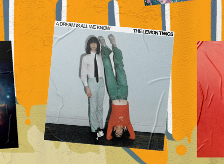 Album art cover for The Lemon Twigs A Dream Is All We Know plastered on a beach wall.