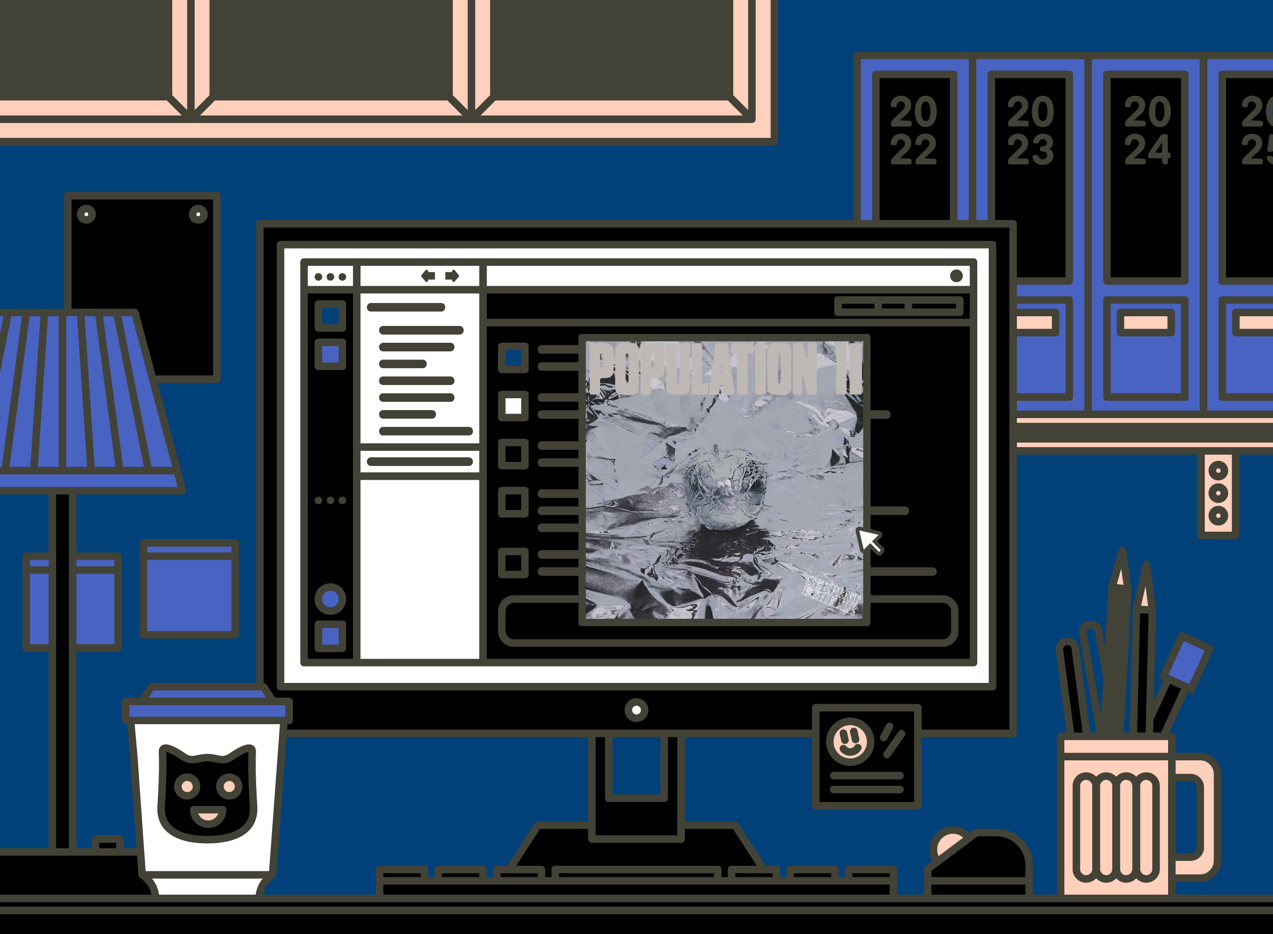 Illustration of office desk with Population II - Serpent Échelle album cover.