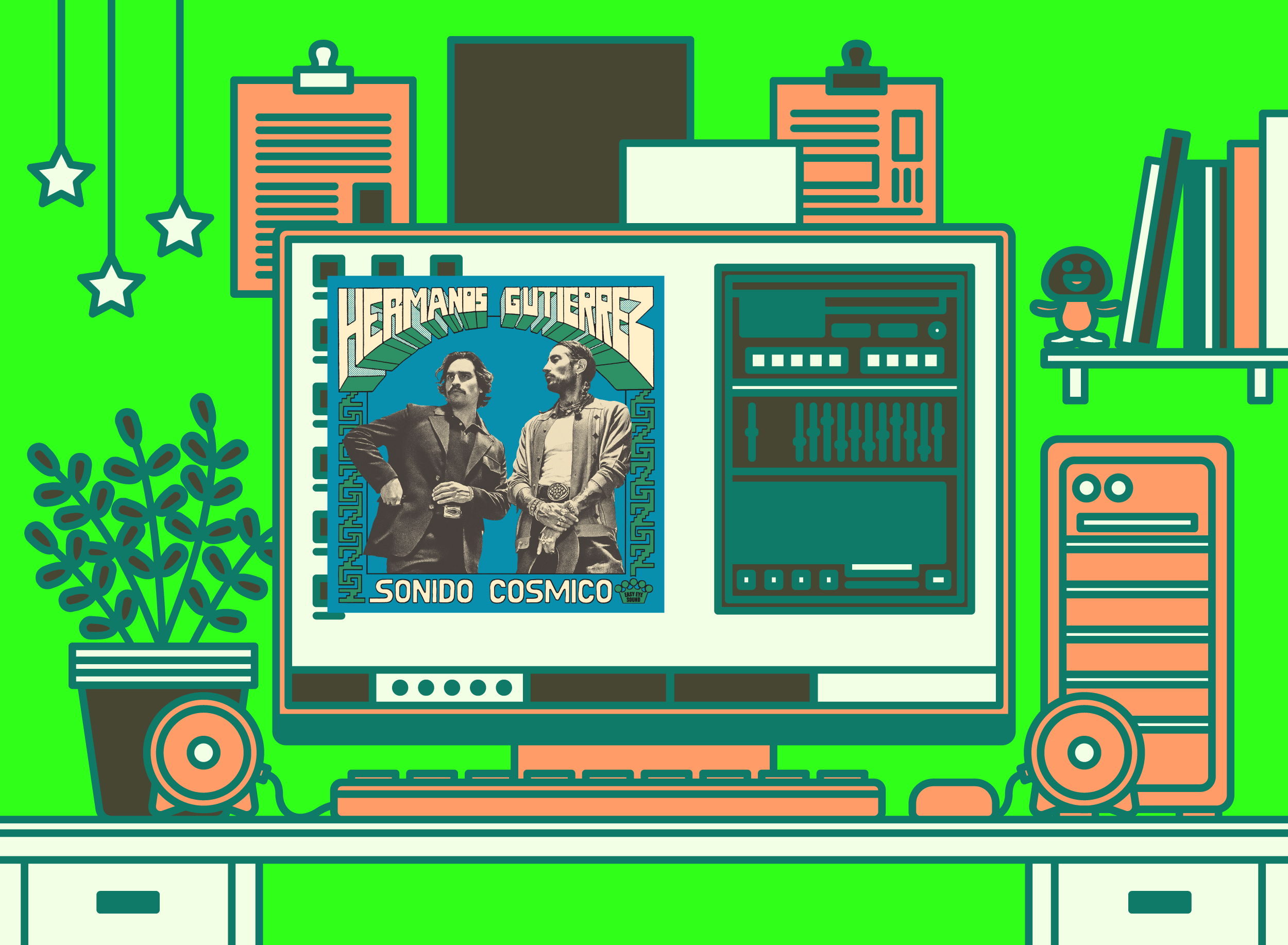 Illustration of office desk with Hermanos Gutiérrez - Sonido Cósmico album cover.