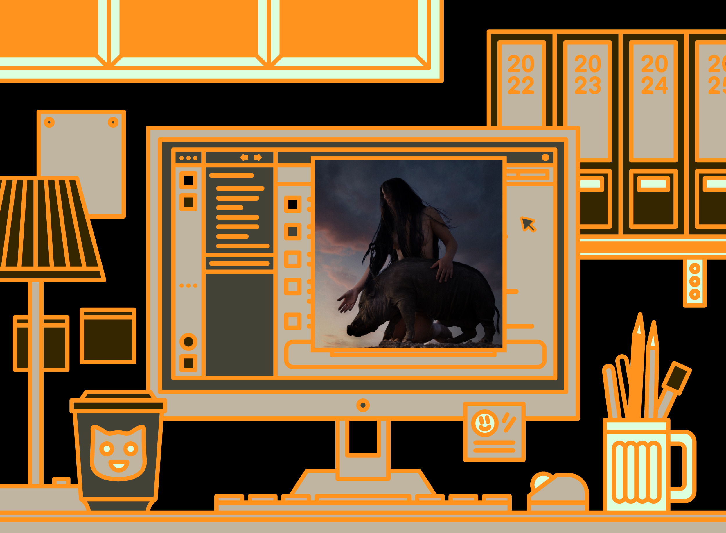 Illustration of office desk with Mannequin Pussy - I Got Heaven album cover.