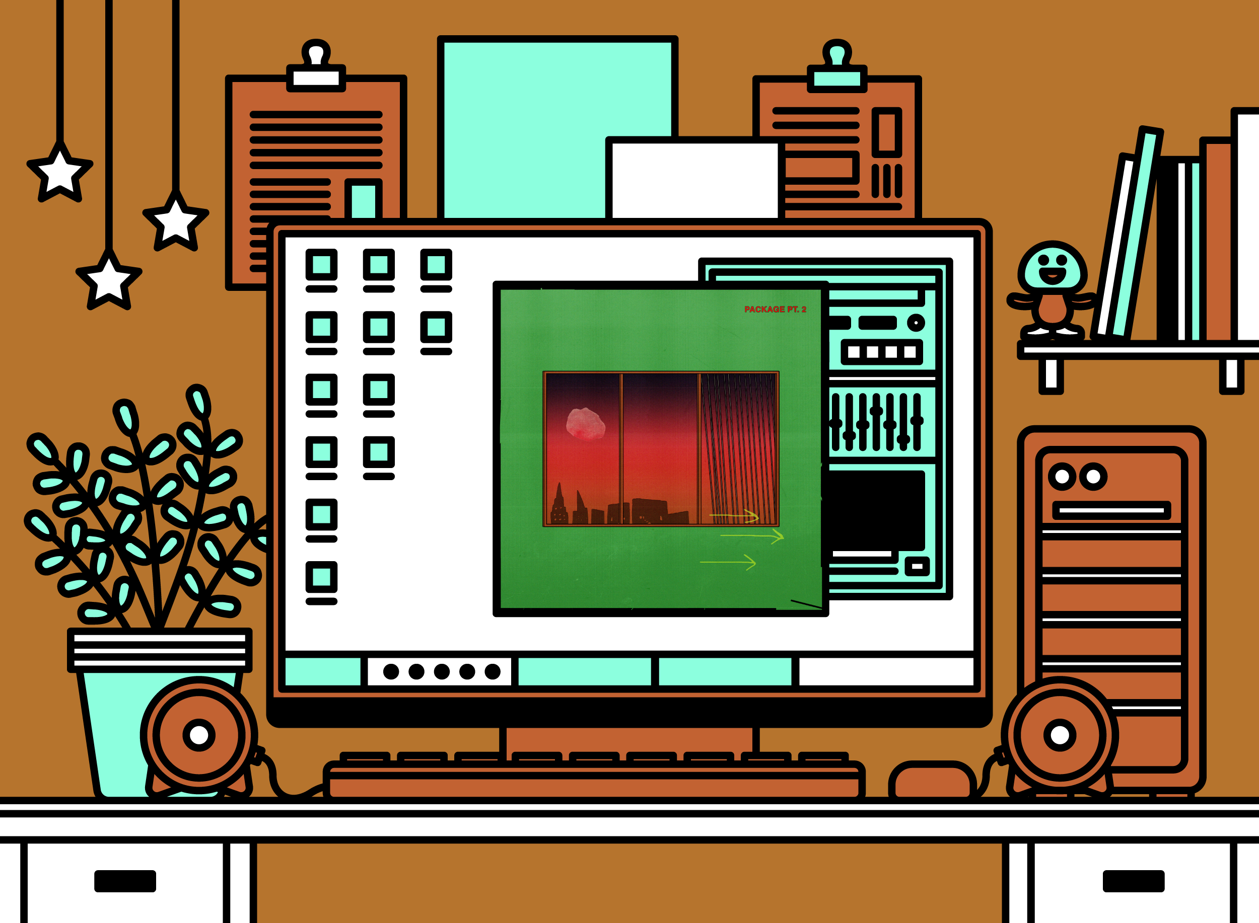 Illustration of office desk with Gustaf - Package Pt.2 album cover.
