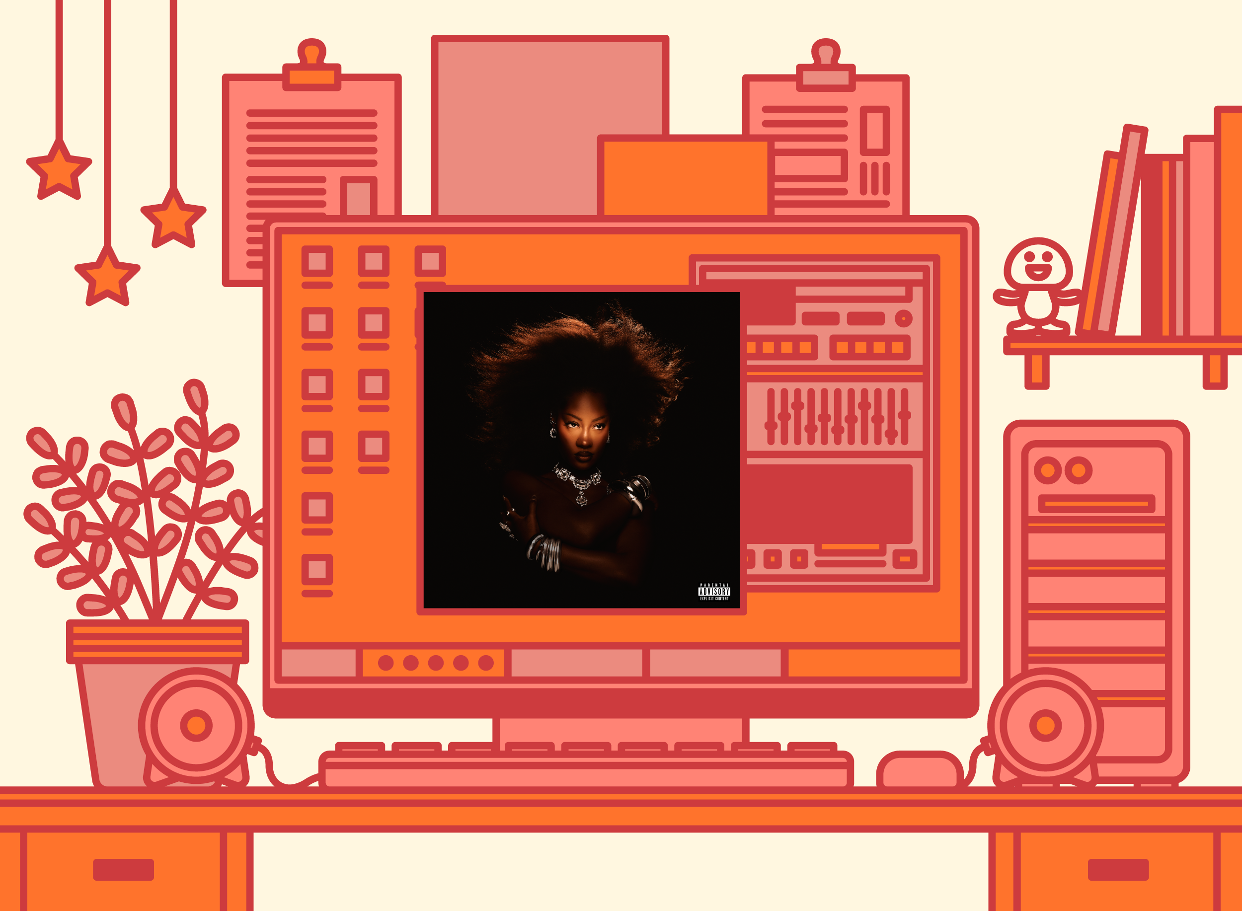 Illustration of office desk with Tems – Born in the Wild album cover.
