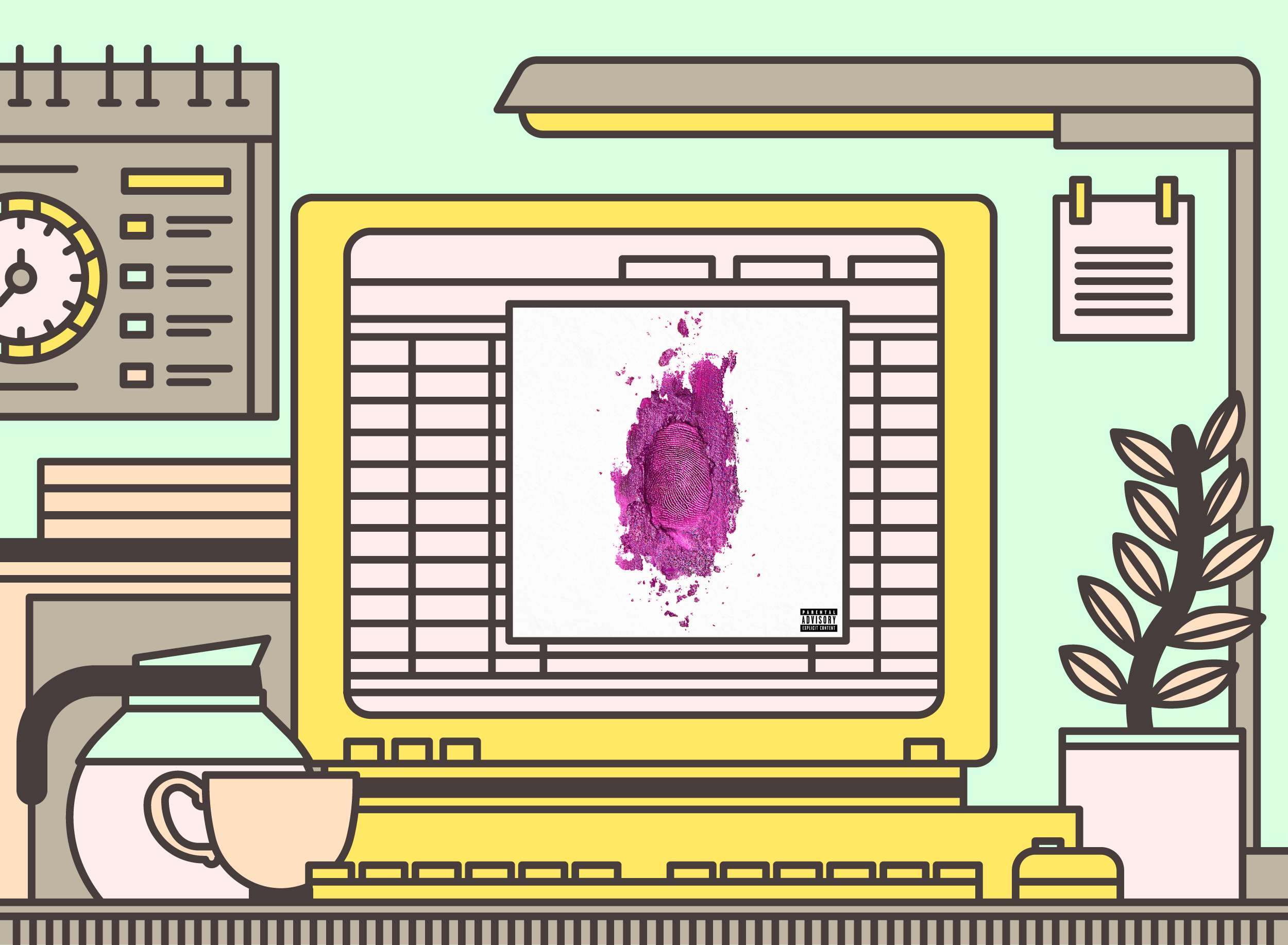 Illustration of office desk with Nicki Minaj - Pink Print 10th Anniversary album cover.