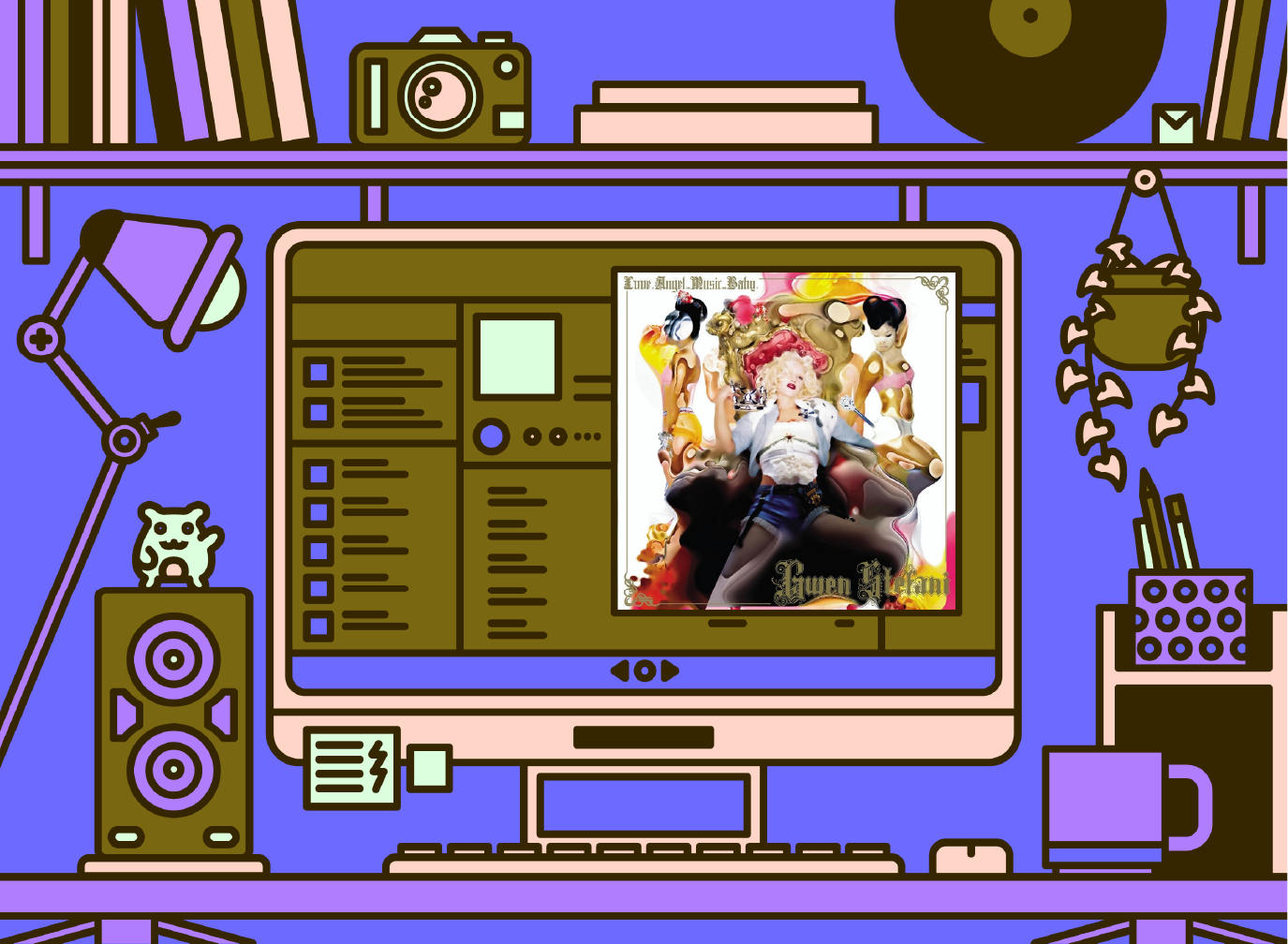 Illustration of office desk with Gwen Stefani - Love Angel Music Baby - 20th Anniversary album cover.