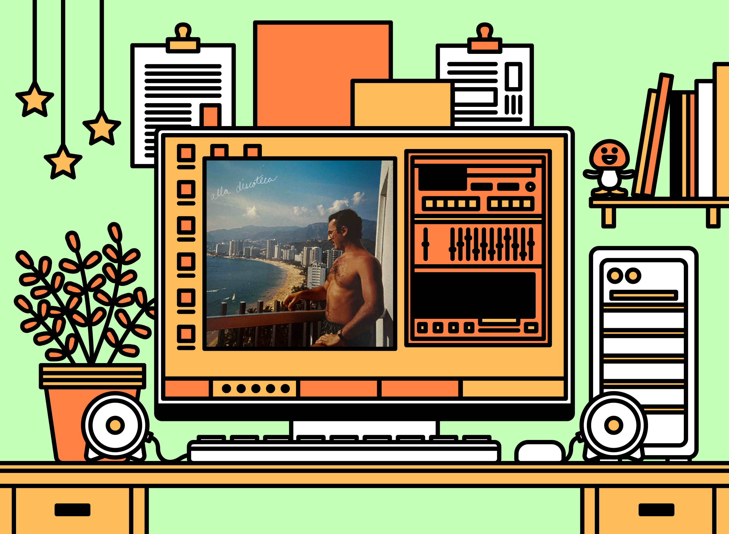 Illustration of office desk with Neighbourly – Alla Discoteca album cover.