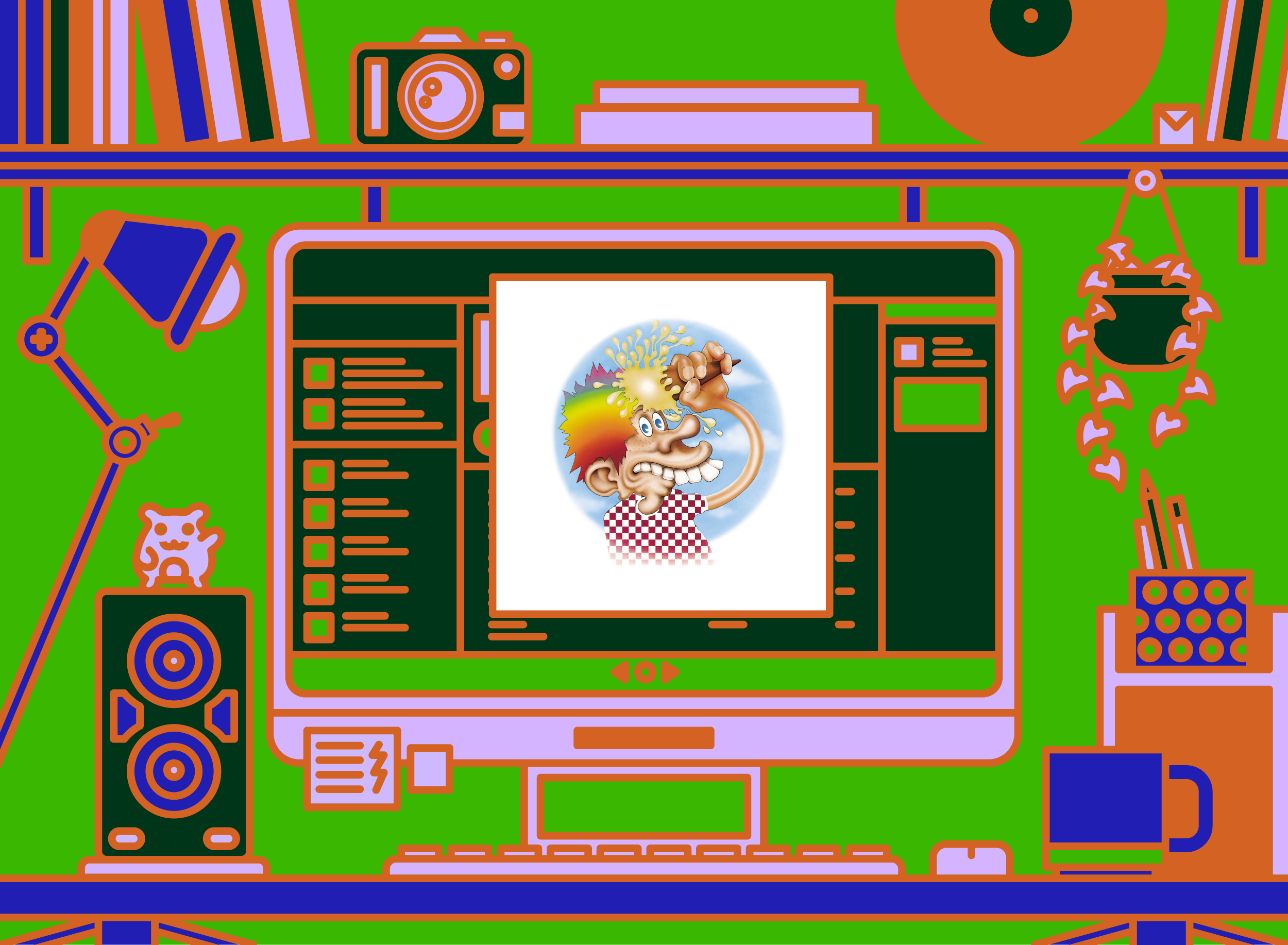 Illustration of office desk with Grateful Dead - Europe '72 (Live) album cover.