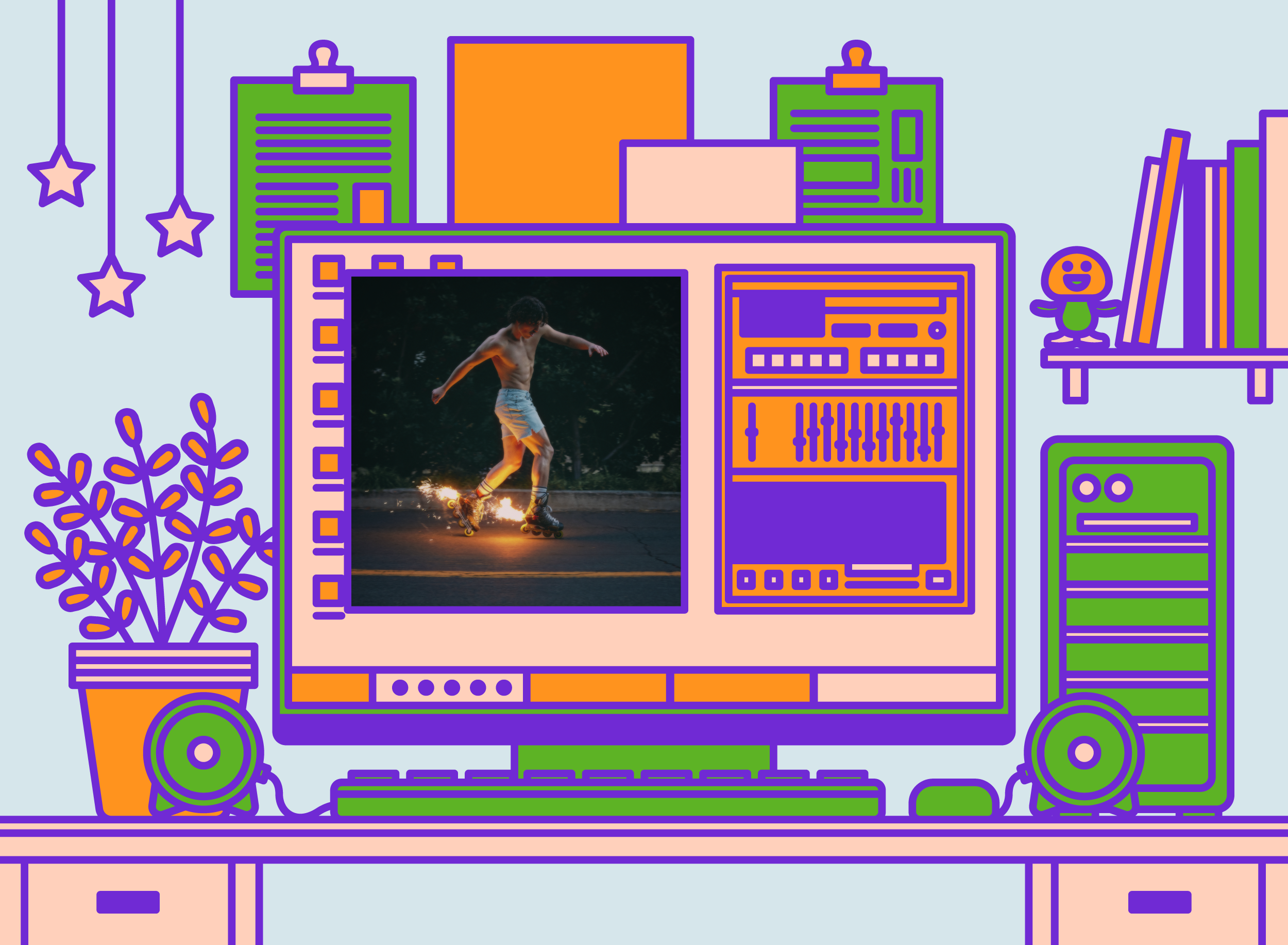 Illustration of office desk with Benson Boone - Fireworks & Rollerblades album cover.