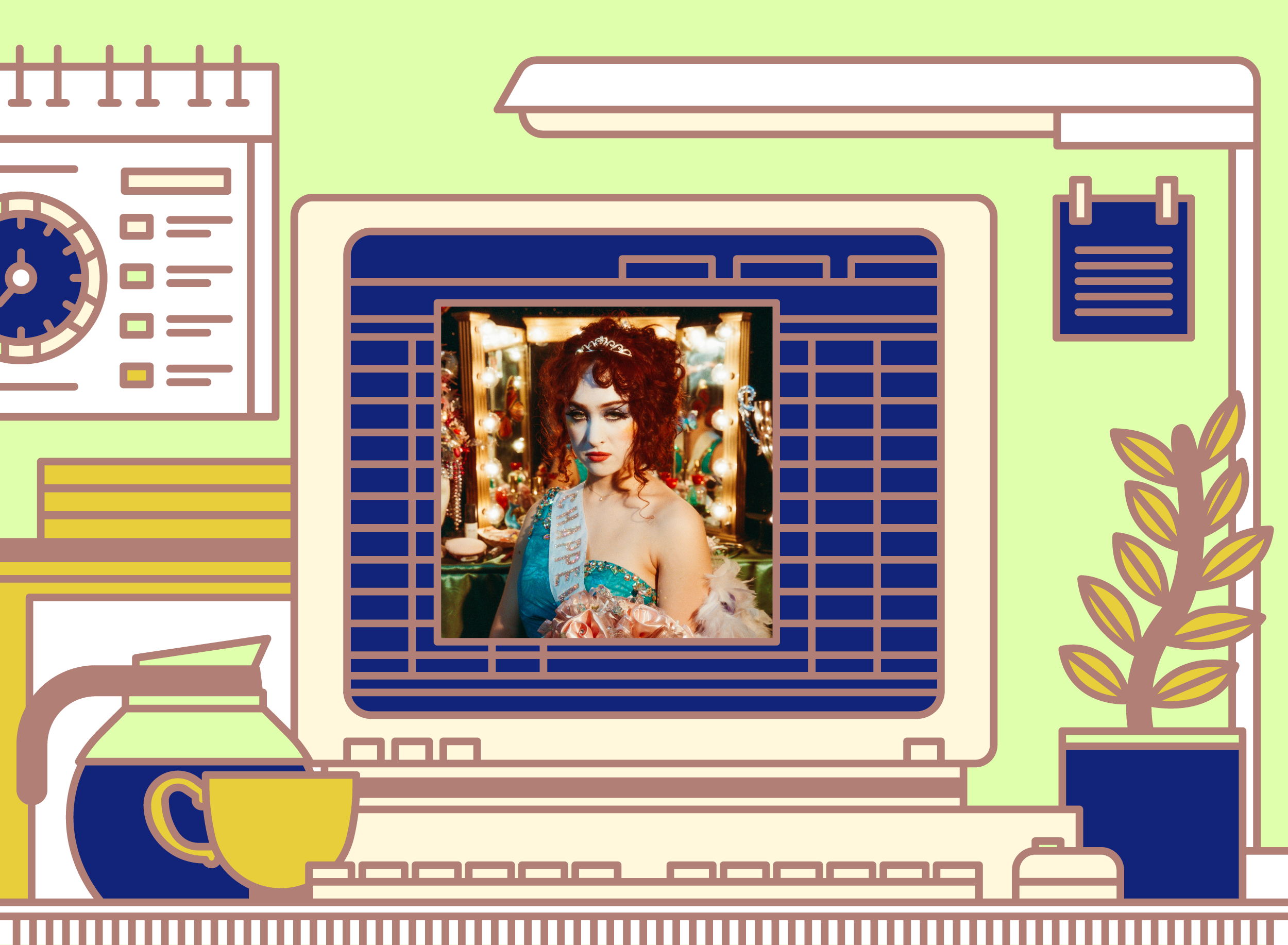Illustration of office desk with Chappell Roan - The Rise and Fall of a Midwest Princess album cover.