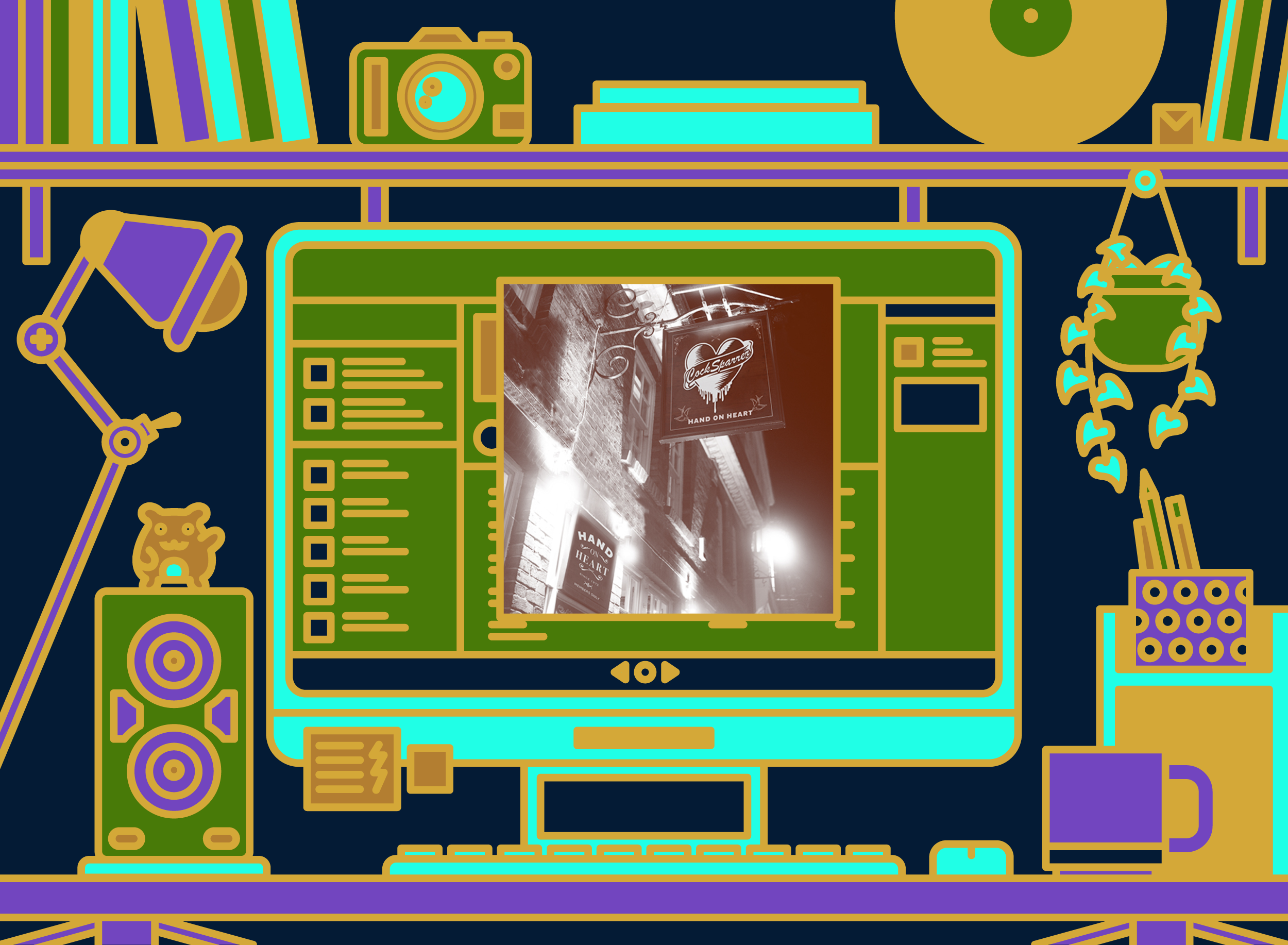 Illustration of office desk with Cock Sparrer - Hand On Heart album cover.