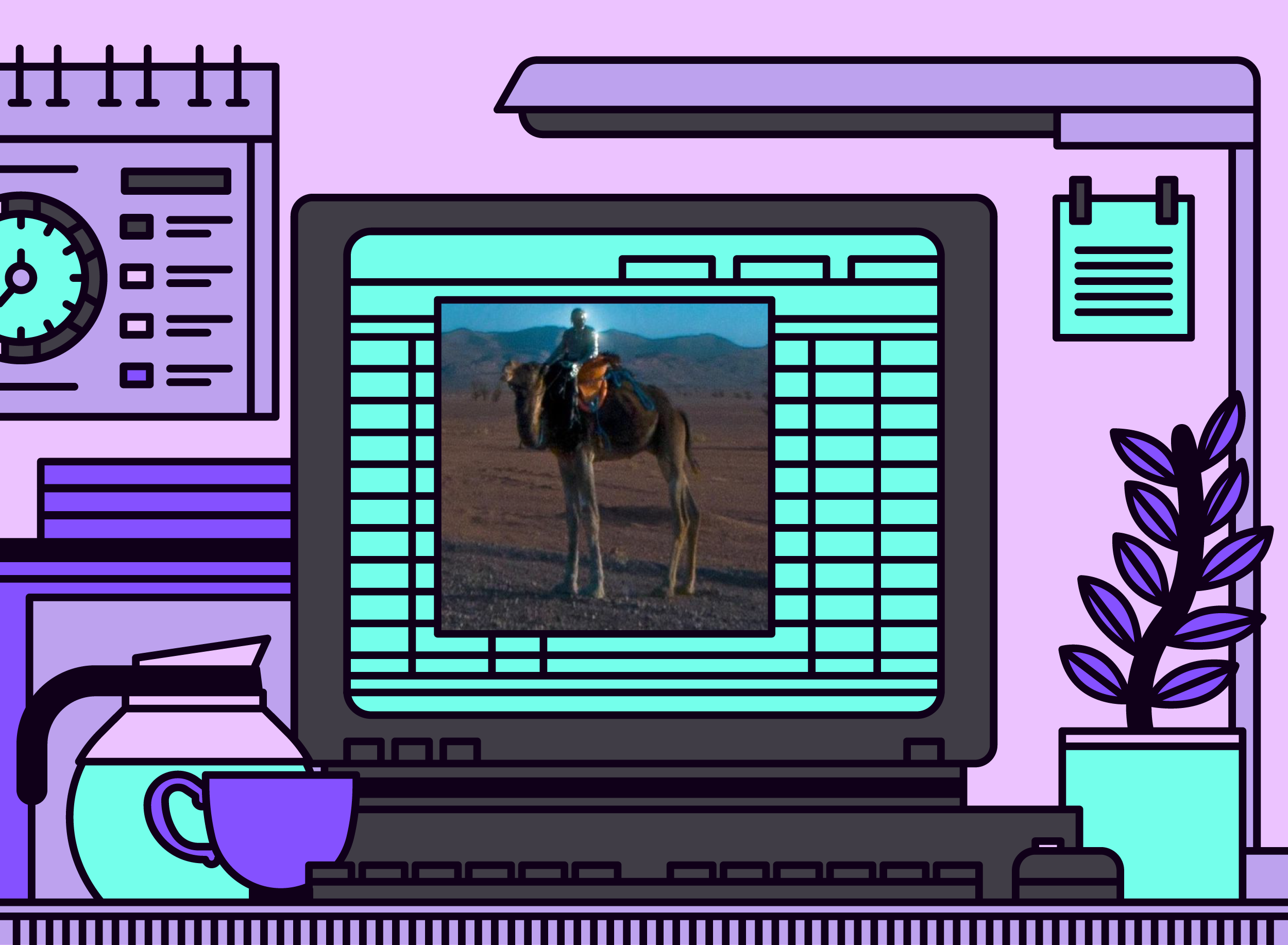 Illustration of office desk with nusar3000 – 3000 album cover.