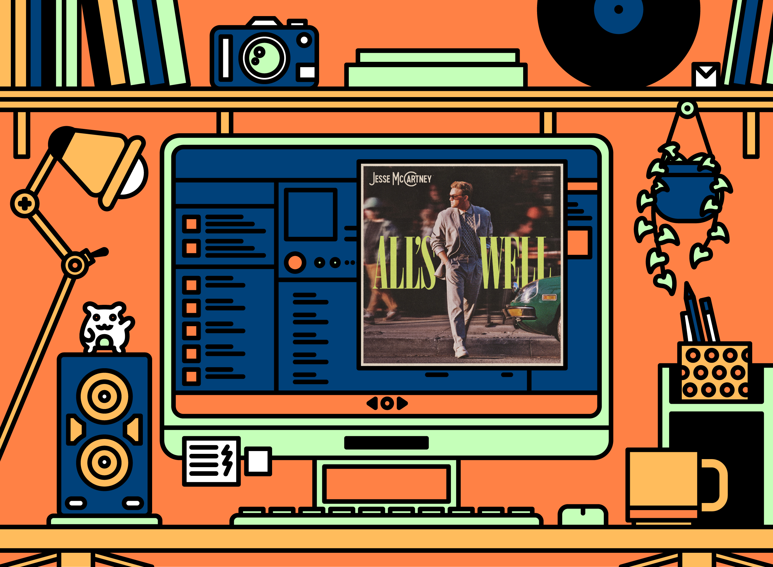 Illustration of office desk with Jesse McCartney - All’s Well album cover.