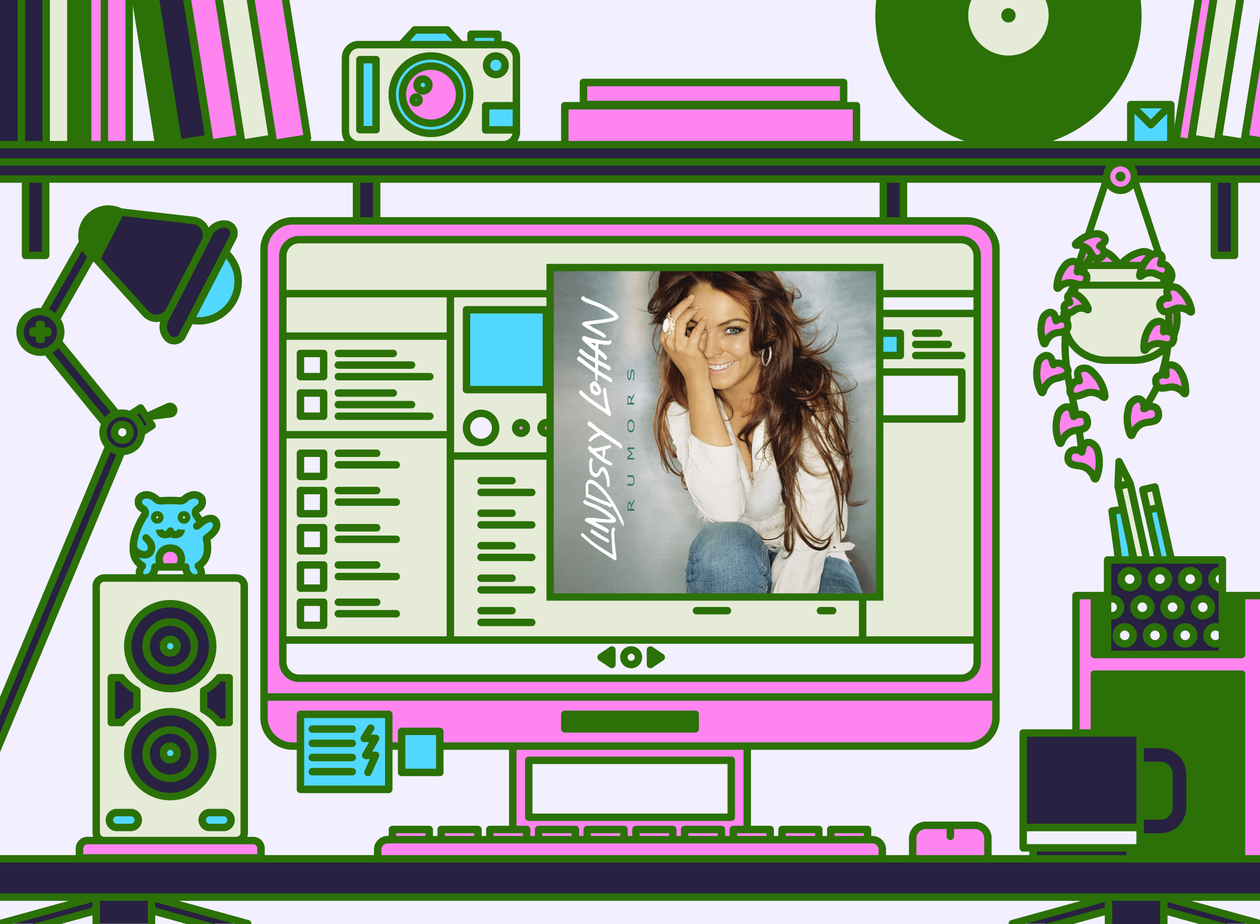 Illustration of office desk with Lindsay Lohan - Rumors 7” album cover.