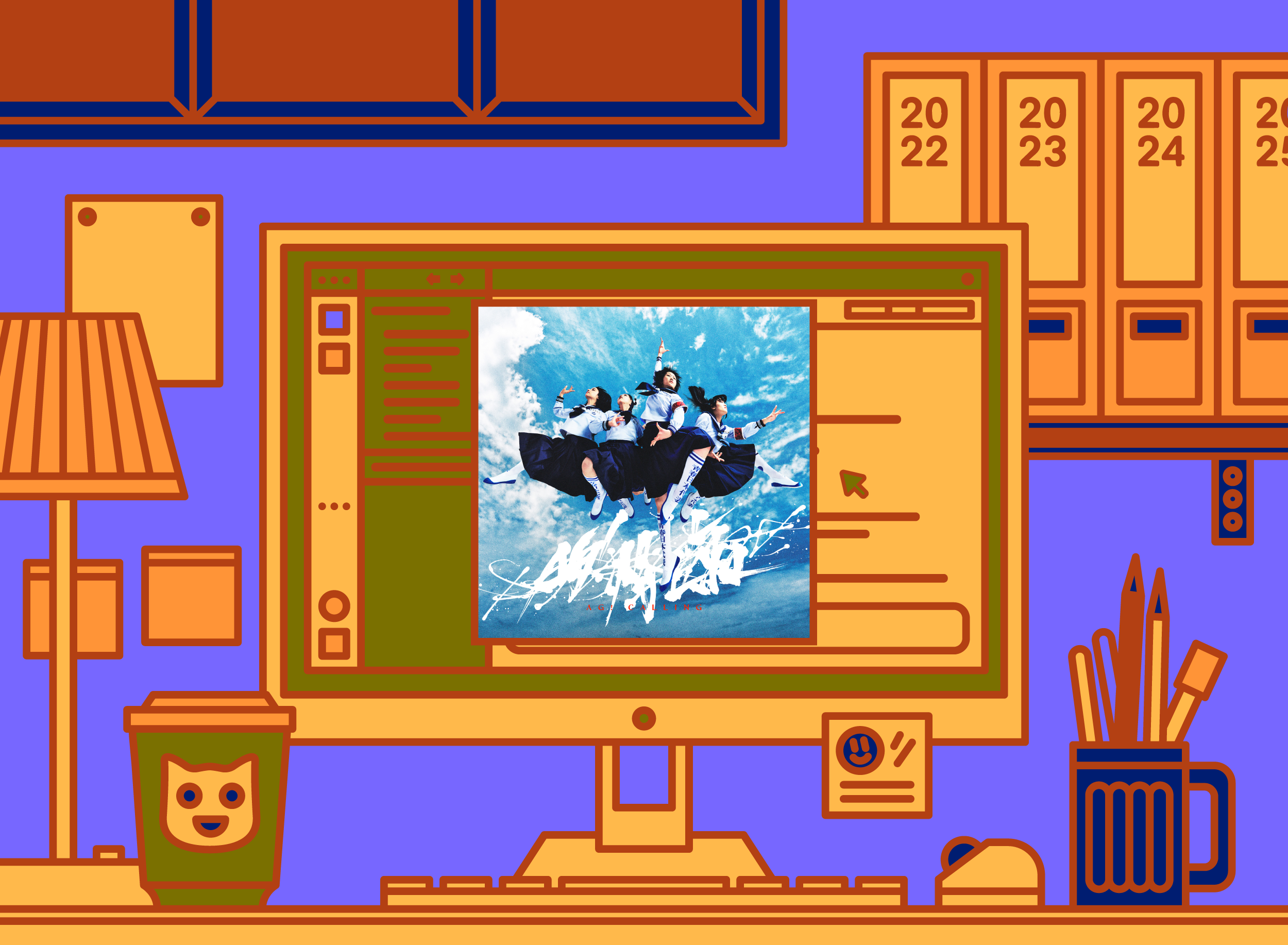 Illustration of office desk with ATARASHII GAKKO! - AG! Calling album cover.