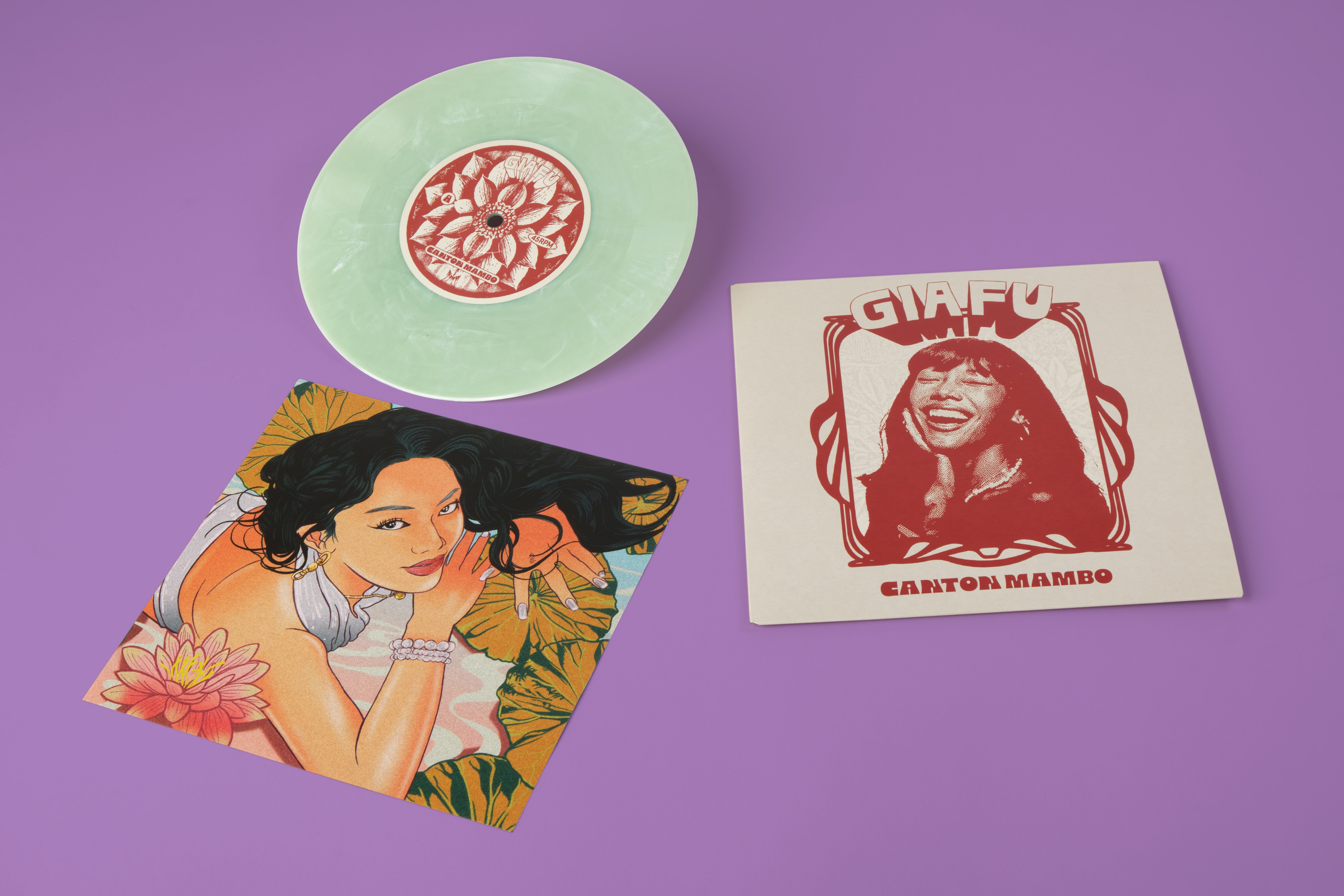 Gia Fu's 7-inch Chinese-jade colored vinyl titled "Canton Mambo / Lotus" via Kong Records Ltd.