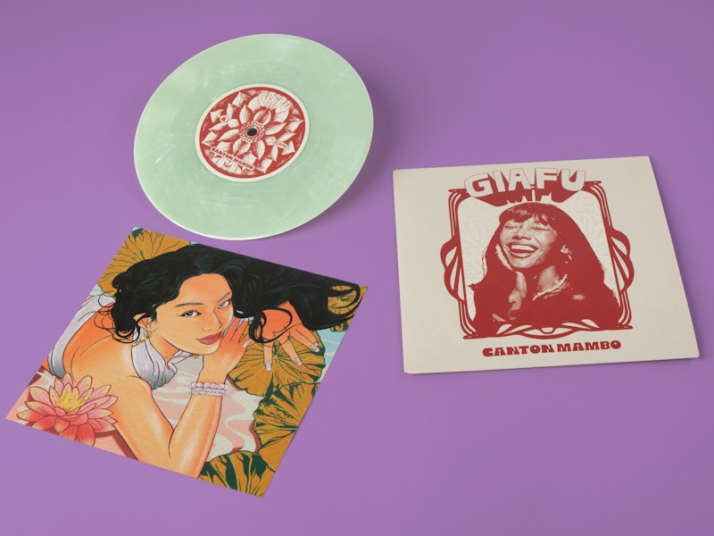 Gia Fu's 7-inch Chinese-jade colored vinyl titled "Canton Mambo / Lotus" via Kong Records Ltd.