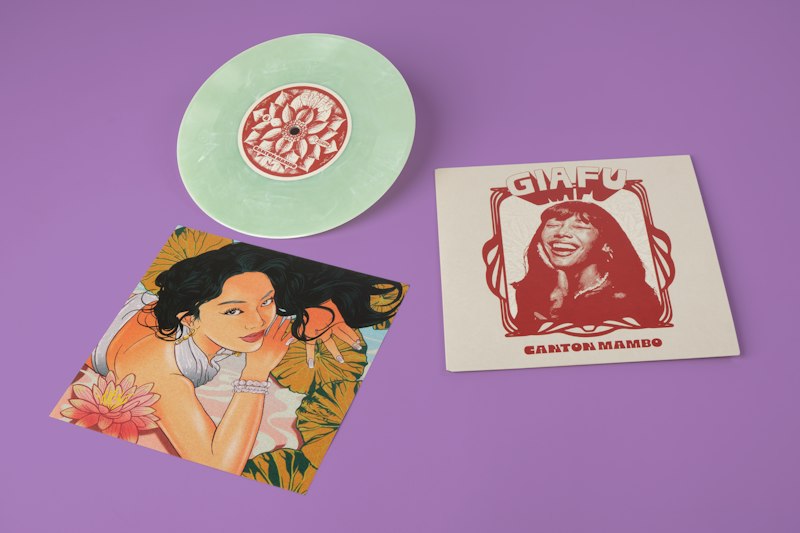 Gia Fu's 7-inch Chinese-jade colored vinyl titled "Canton Mambo / Lotus" via Kong Records Ltd.
