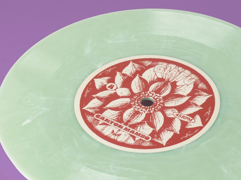Gia Fu's 7-inch Chinese-jade colored vinyl titled "Canton Mambo / Lotus" via Kong Records Ltd.