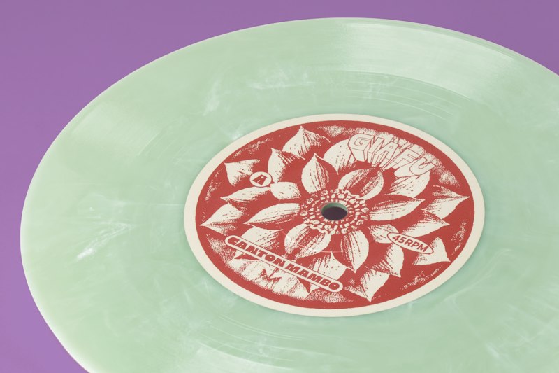Gia Fu's 7-inch Chinese-jade colored vinyl titled "Canton Mambo / Lotus" via Kong Records Ltd.