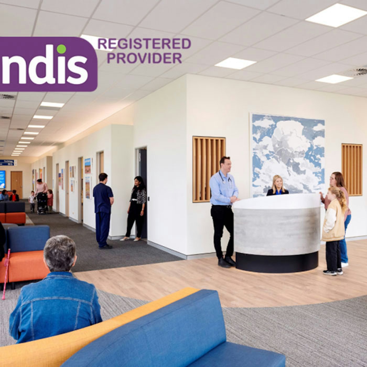 Reception photo with NDIS logo indicating they are a registered provider