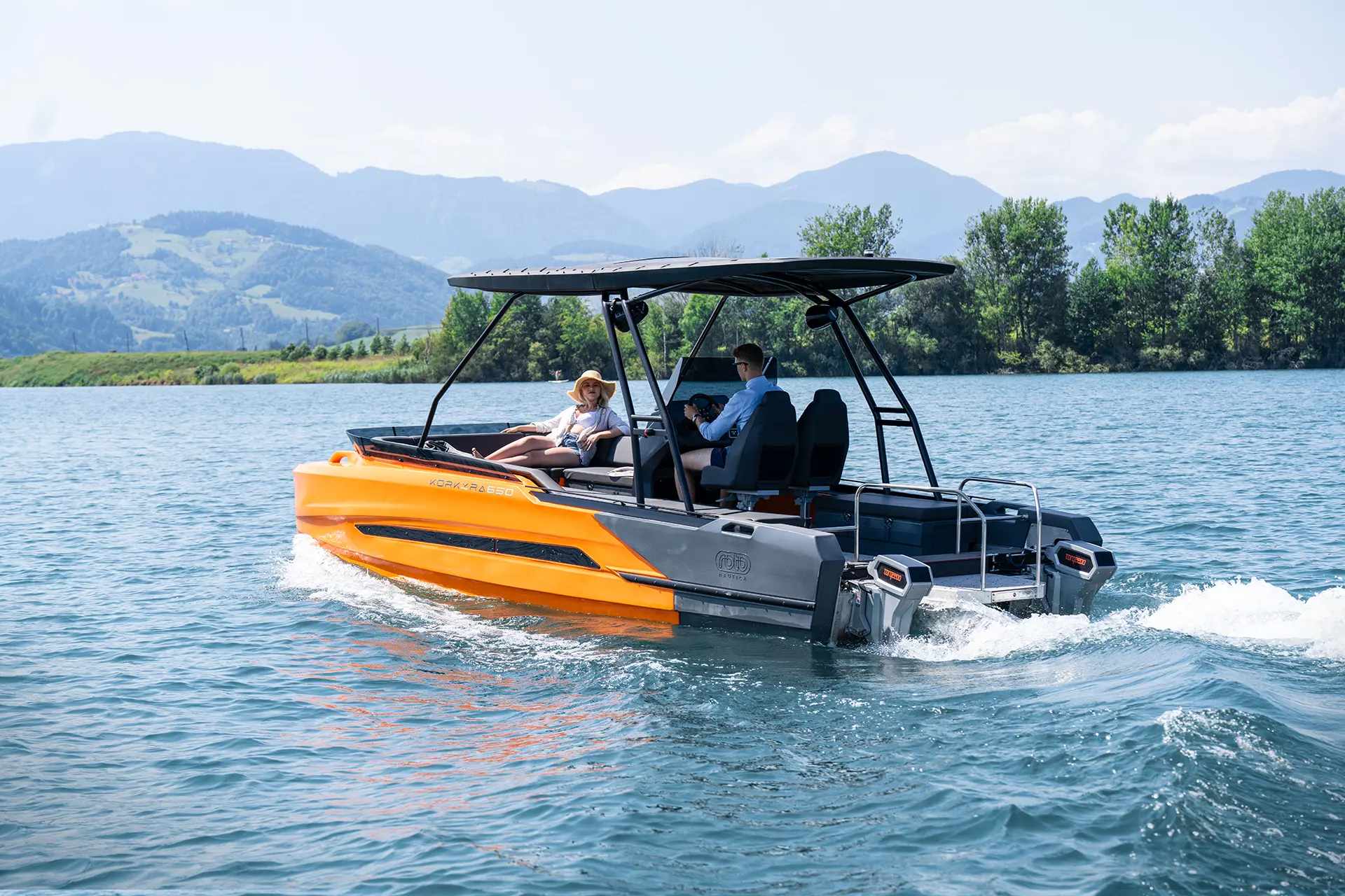 Romantic ride on the Korkyra 650 catamaran boat across calm waters.