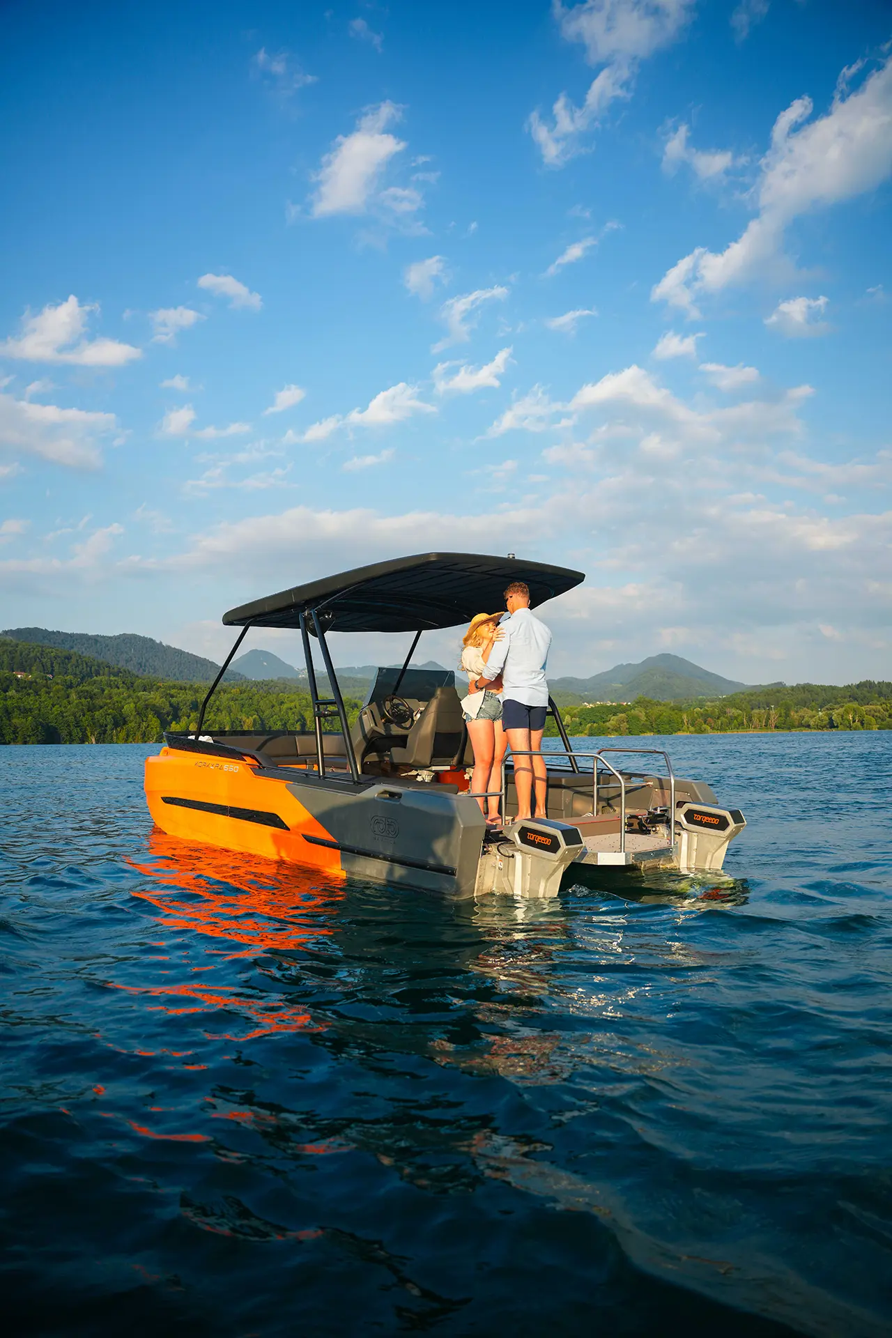 Romantic ride on the Korkyra 650 catamaran boat across calm waters.
