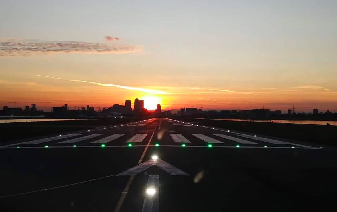 A runway at sunset