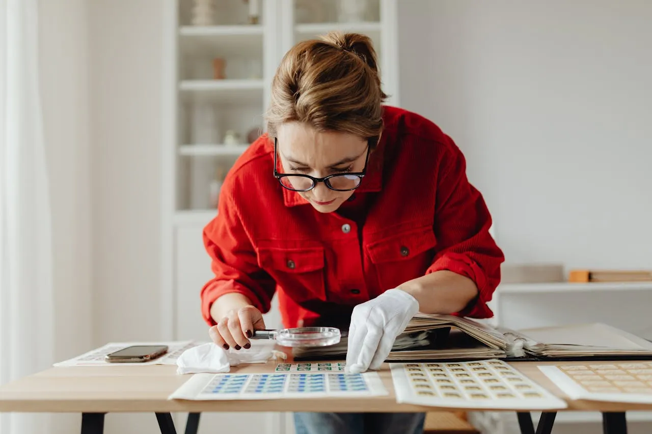 Focused woman wearing a red shirt, examining collectible stamps with a magnifying glass and white gloves, showcasing a meticulous approach to stamp collection and preservation on a wooden table in a well-lit room.
