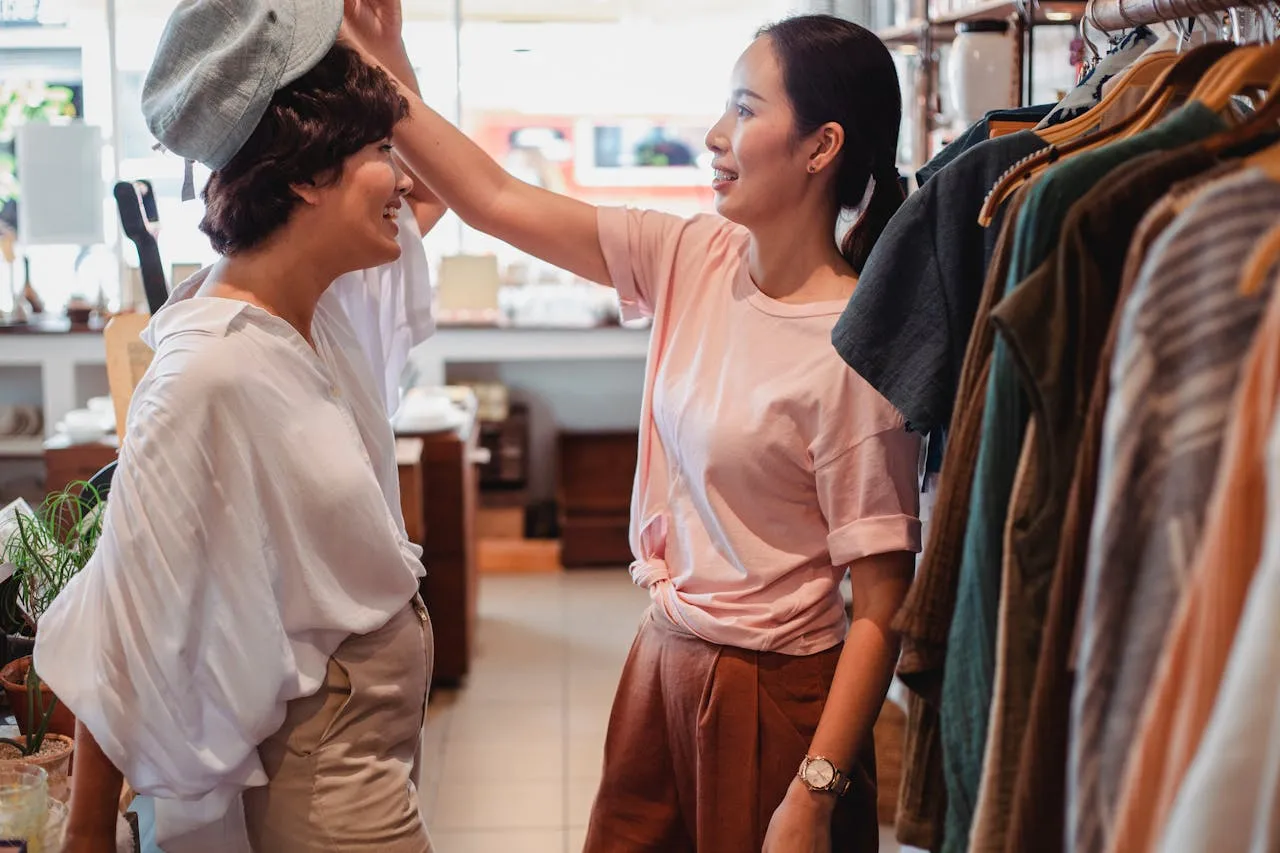 Two women shopping together, one helping the other try on a light gray hat in a boutique filled with clothing and accessories.
