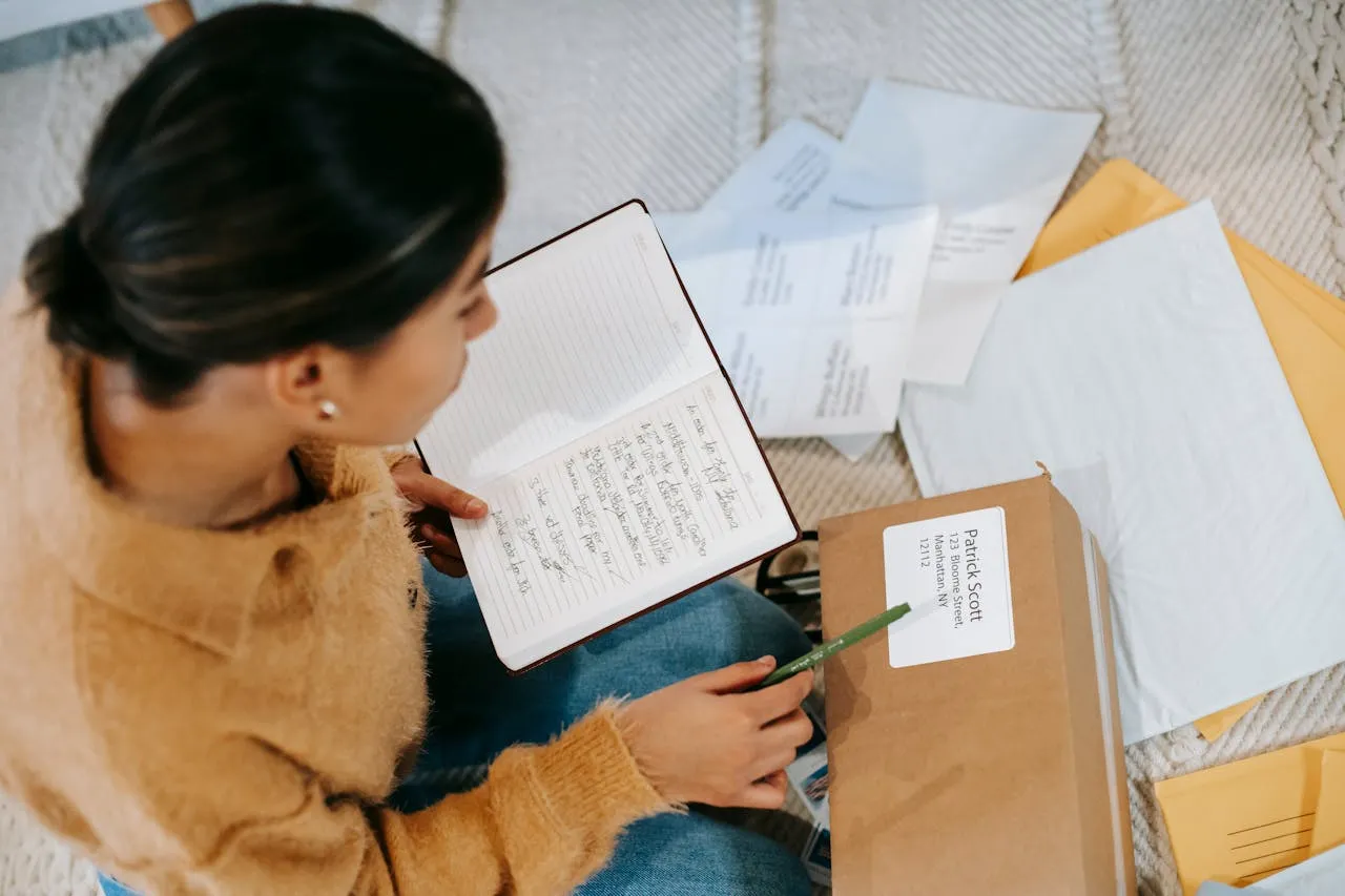 Overhead view of a woman in a cozy sweater sitting on the floor, holding a notebook and pointing to a shipping label on a brown package, surrounded by mail envelopes, highlighting order preparation or small business shipping tasks.