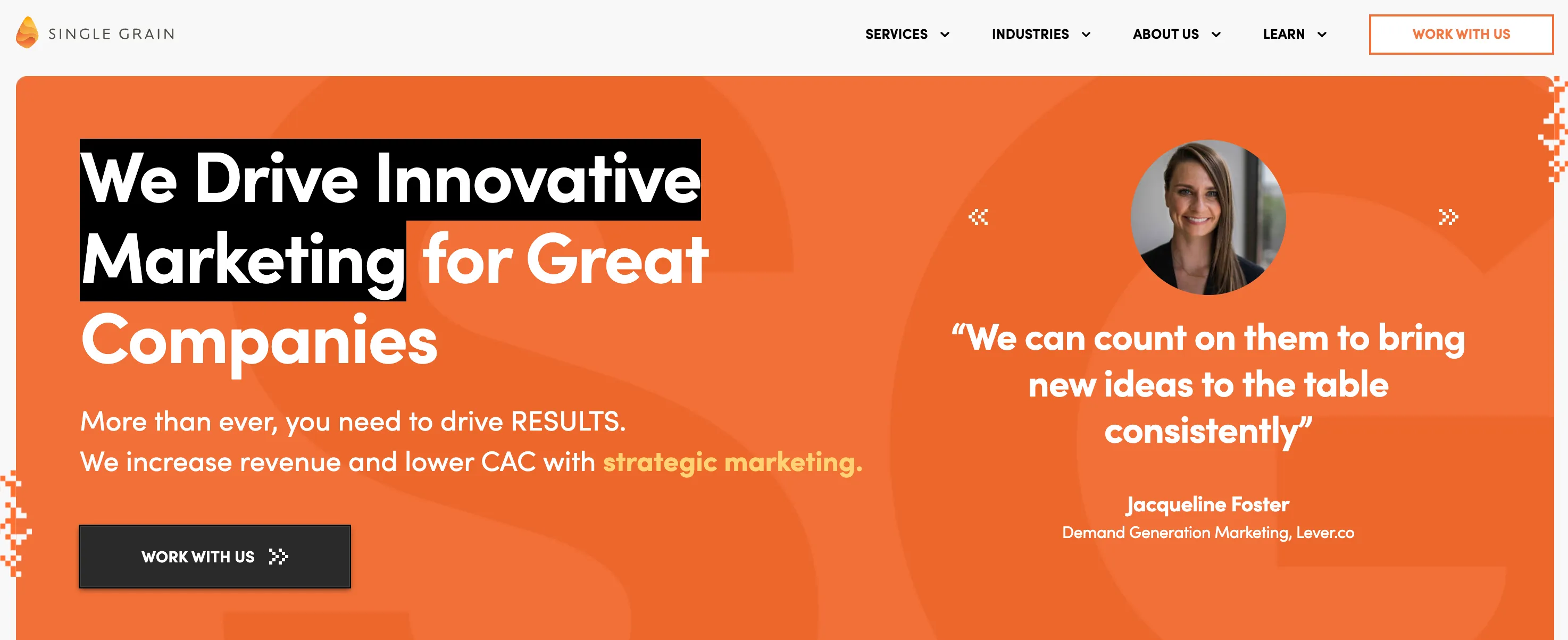 Vibrant marketing agency homepage featuring bold orange and white typography, client testimonial with a smiling professional, and messaging focused on delivering strategic marketing results.