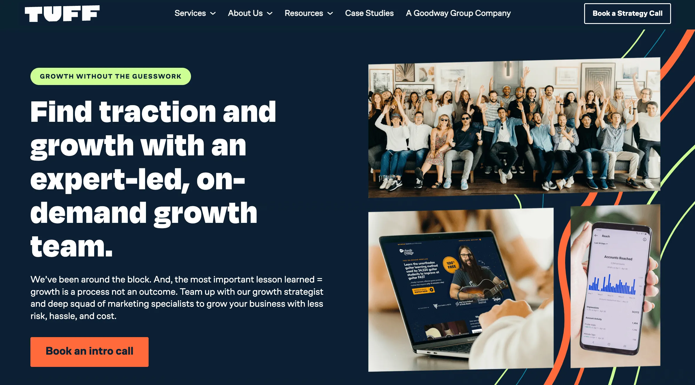Landing page for a growth marketing agency showcasing a team photo, key services, and a CTA for booking strategy calls, emphasizing expert-led business growth.