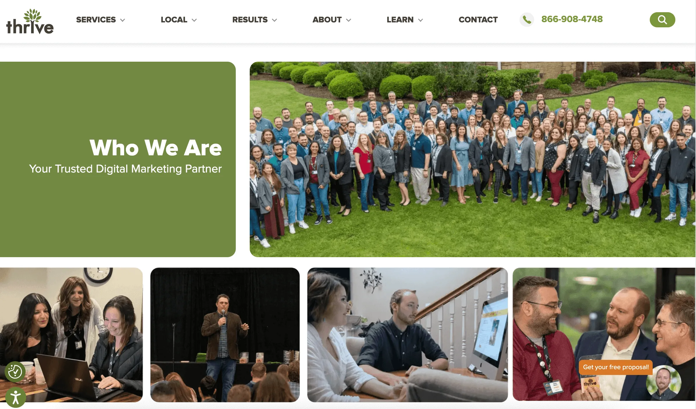 Digital marketing agency website featuring a large team photo, community-focused messaging, and dynamic visuals emphasizing collaboration and trusted partnership.