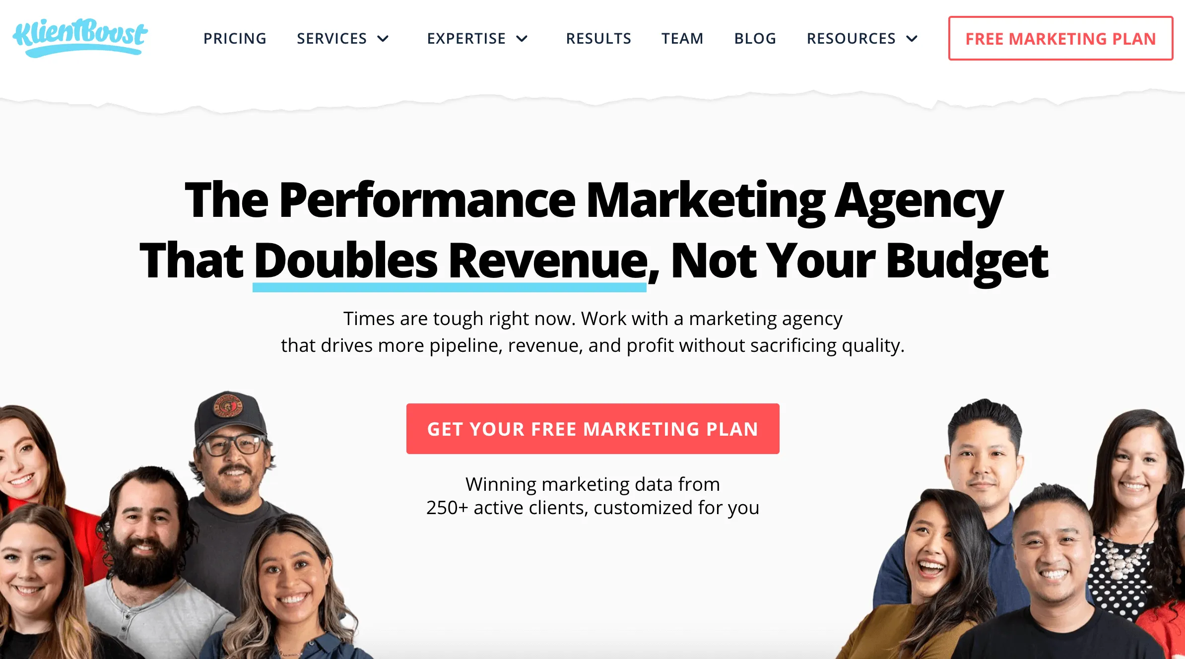 Performance marketing agency webpage with messaging focused on doubling revenue, featuring a diverse team and CTA for a free marketing plan.