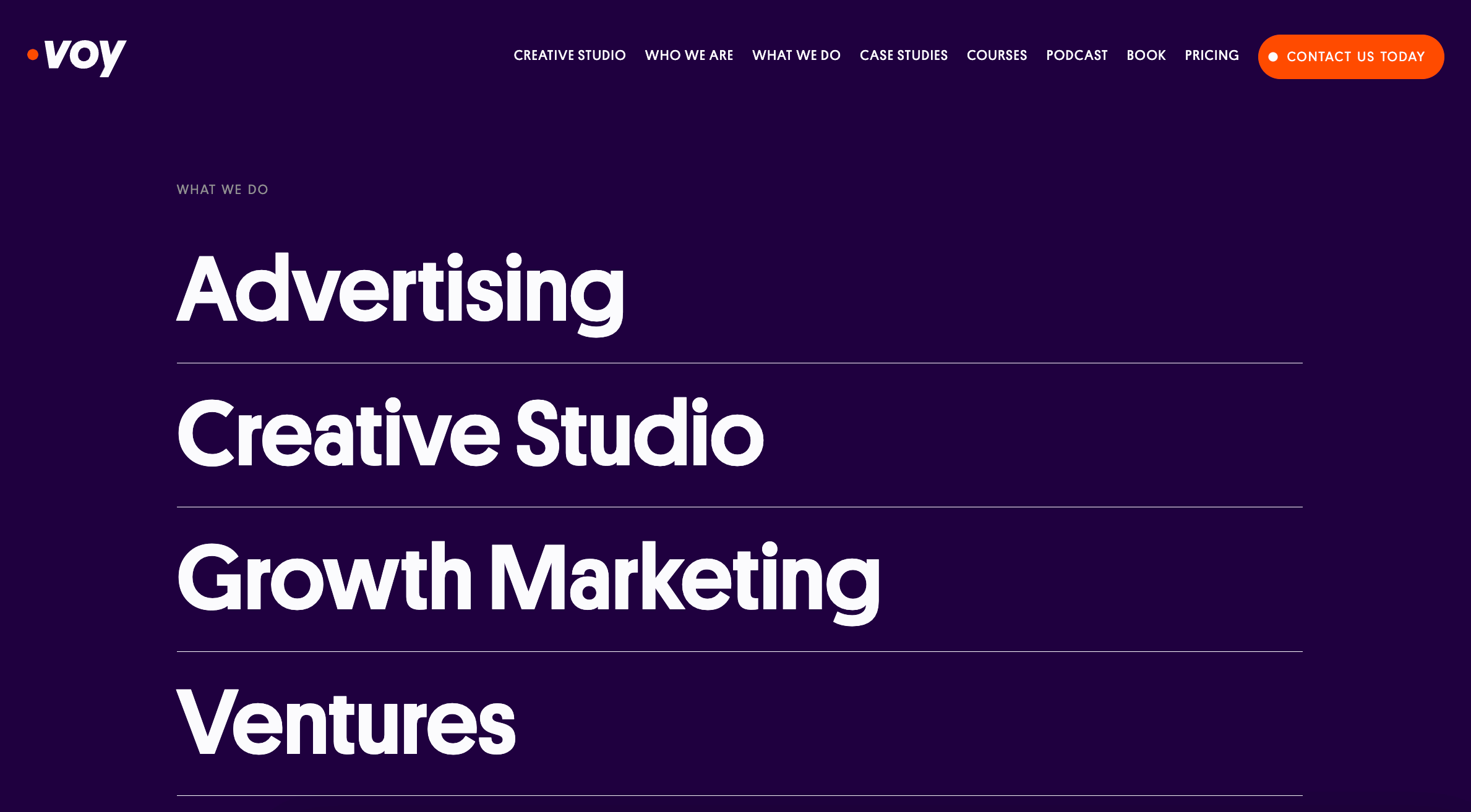 Agency service overview highlighting core offerings such as advertising, creative studio, growth marketing, and ventures, presented in a clean and bold design with a prominent CTA to contact the agency.