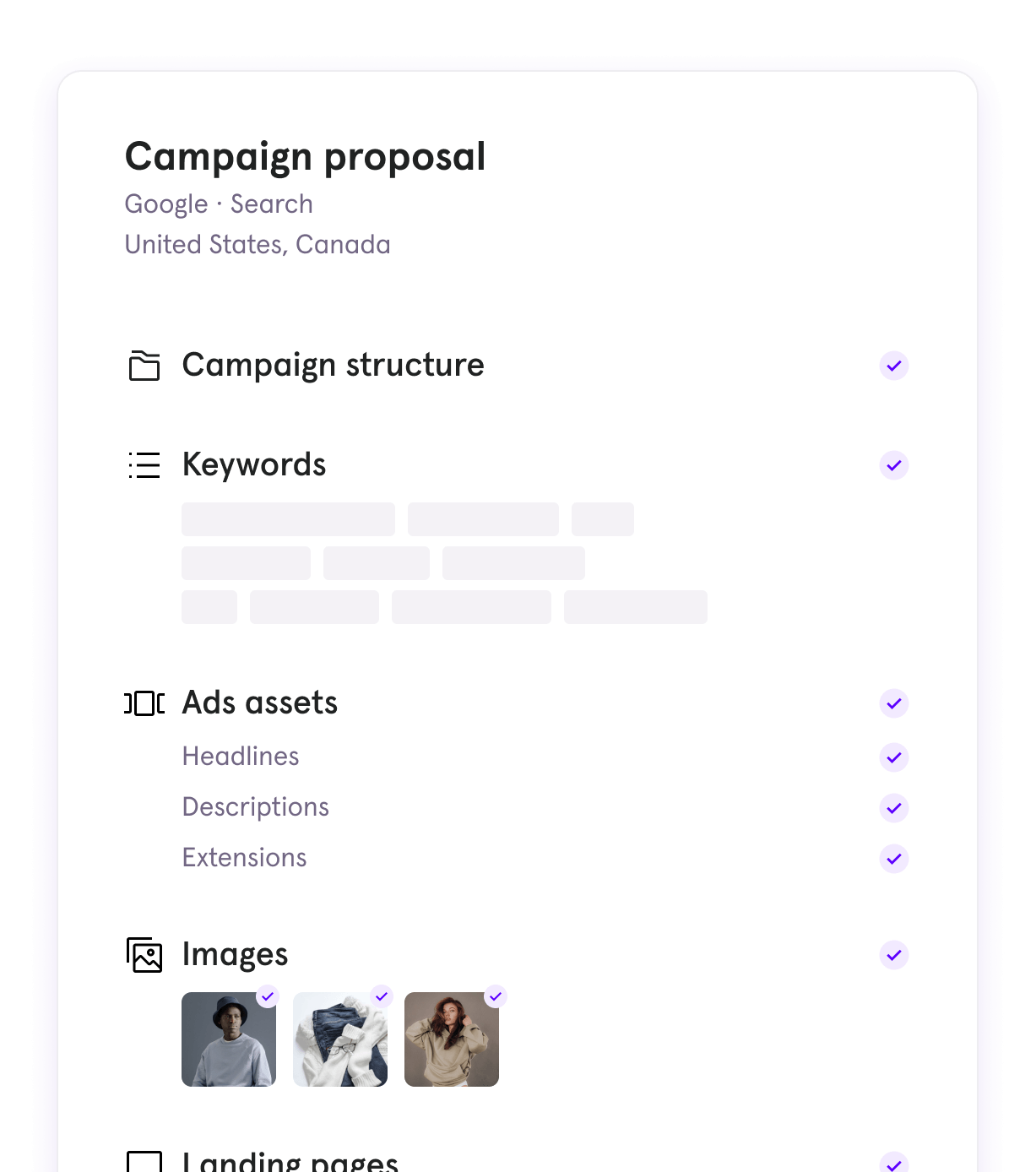 detailed campaign proposal outlining ad structure, keywords, ad assets, images, and landing pages for Google Search campaigns in the United States and Canada.