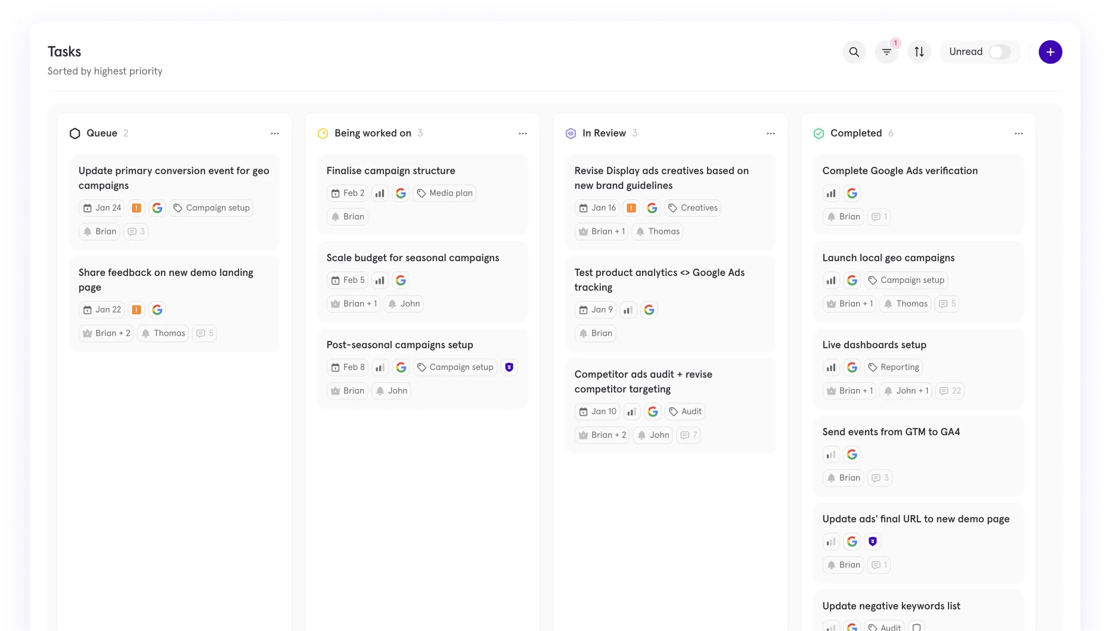 task management dashboard organized by priority, displaying stages such as "Queue," "Being worked on," "In Review," and "Completed," with tasks related to Google Ads campaign setup, creative revisions, analytics tracking, and seasonal budget scaling for streamlined project workflows.