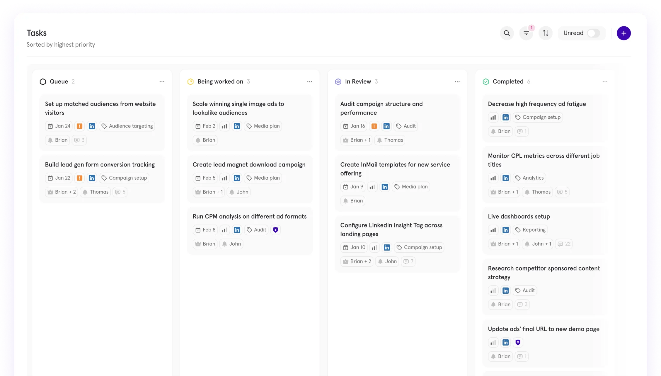 Task management board segmented into queue, ongoing, review, and completed sections, showcasing ad-related workflows and campaign setup activities with priority sorting for streamlined execution.
