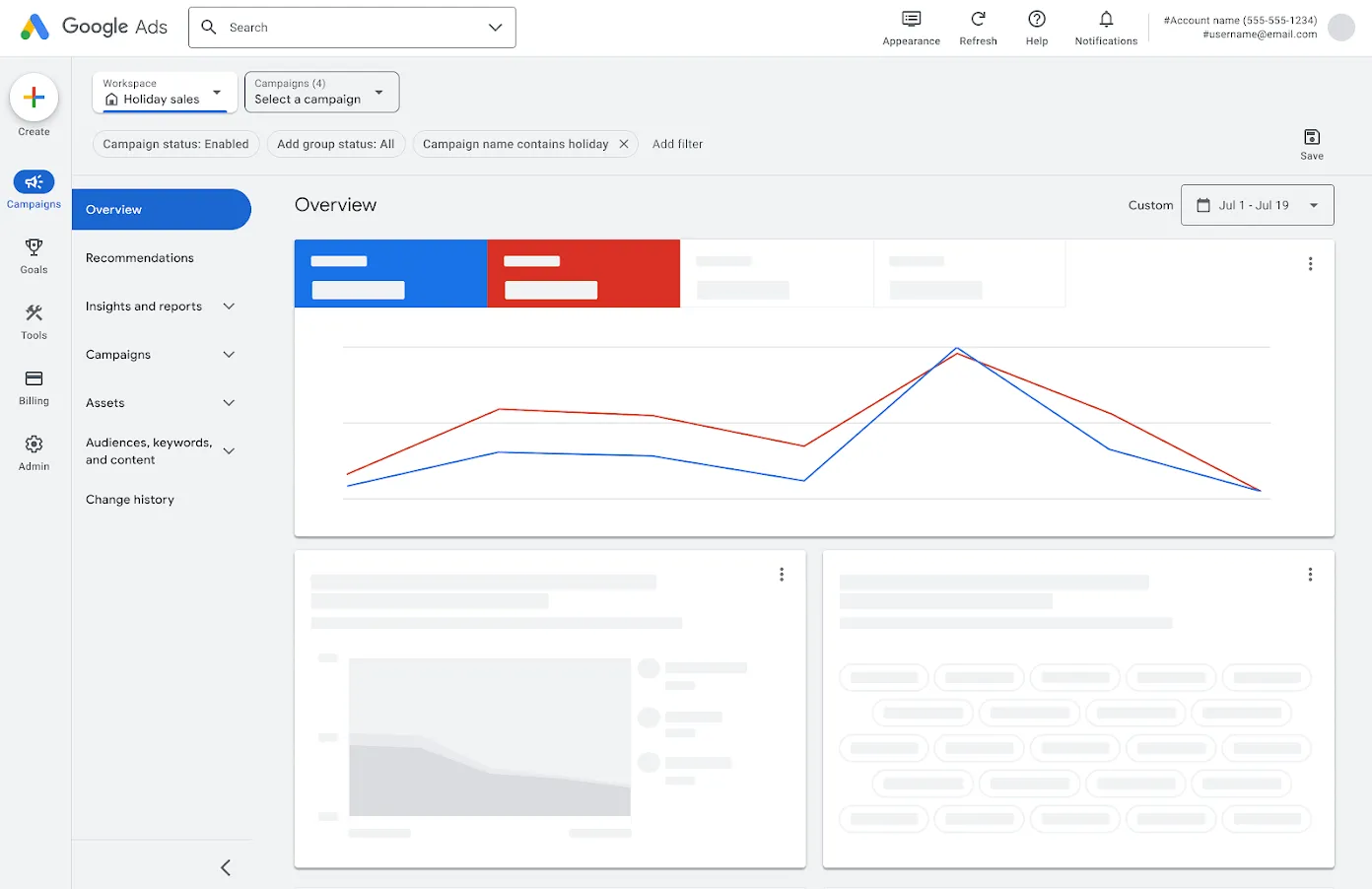 Google Ads dashboard overview displaying campaign performance metrics with line graphs, highlighting insights into advertising trends, budget allocation, and effectiveness analysis.