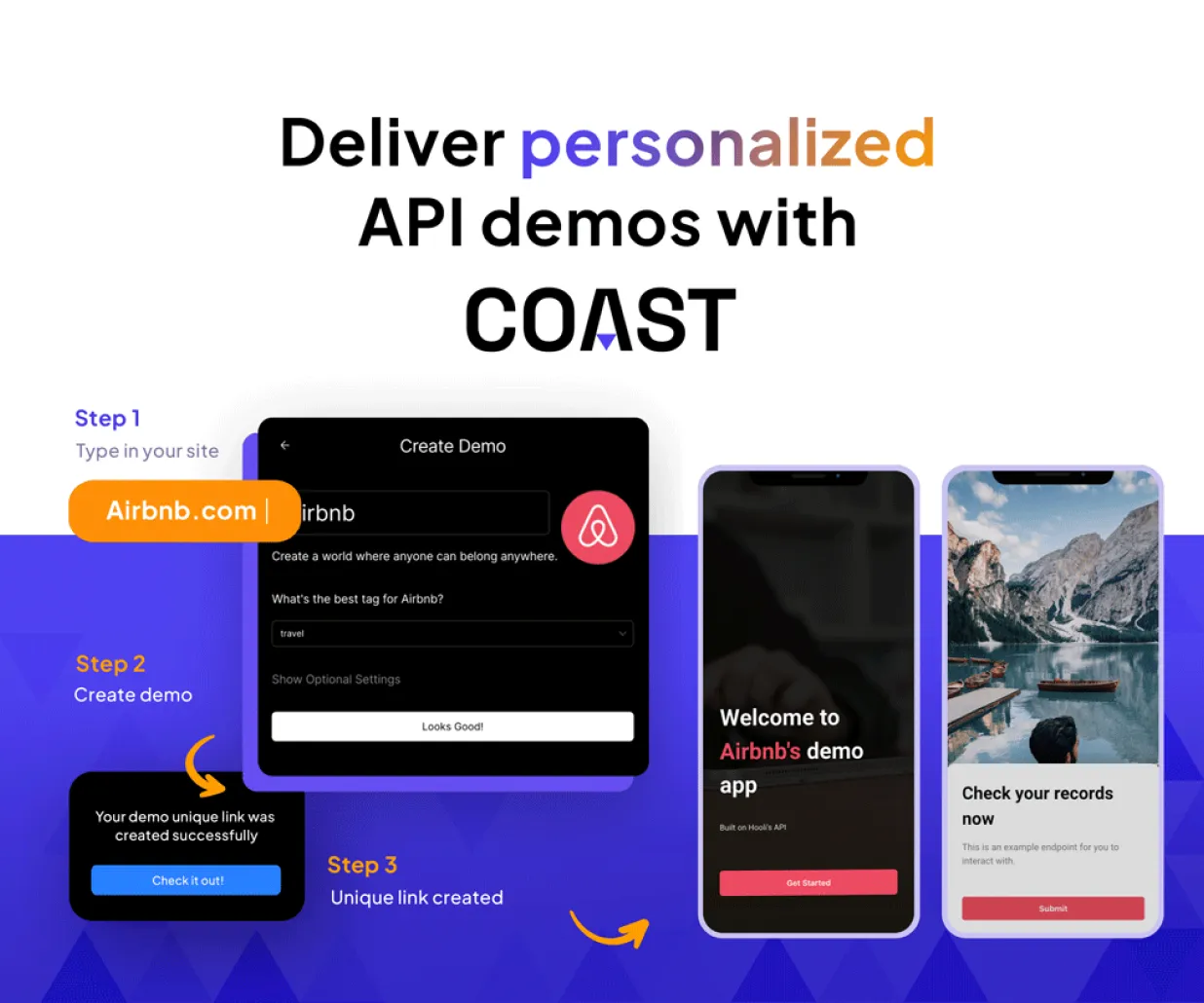 Promotional ad for Coast API demo services, showcasing a three-step process for creating personalized API demos. The visual highlights an Airbnb demo with a clean, modern design, illustrating a seamless integration process.