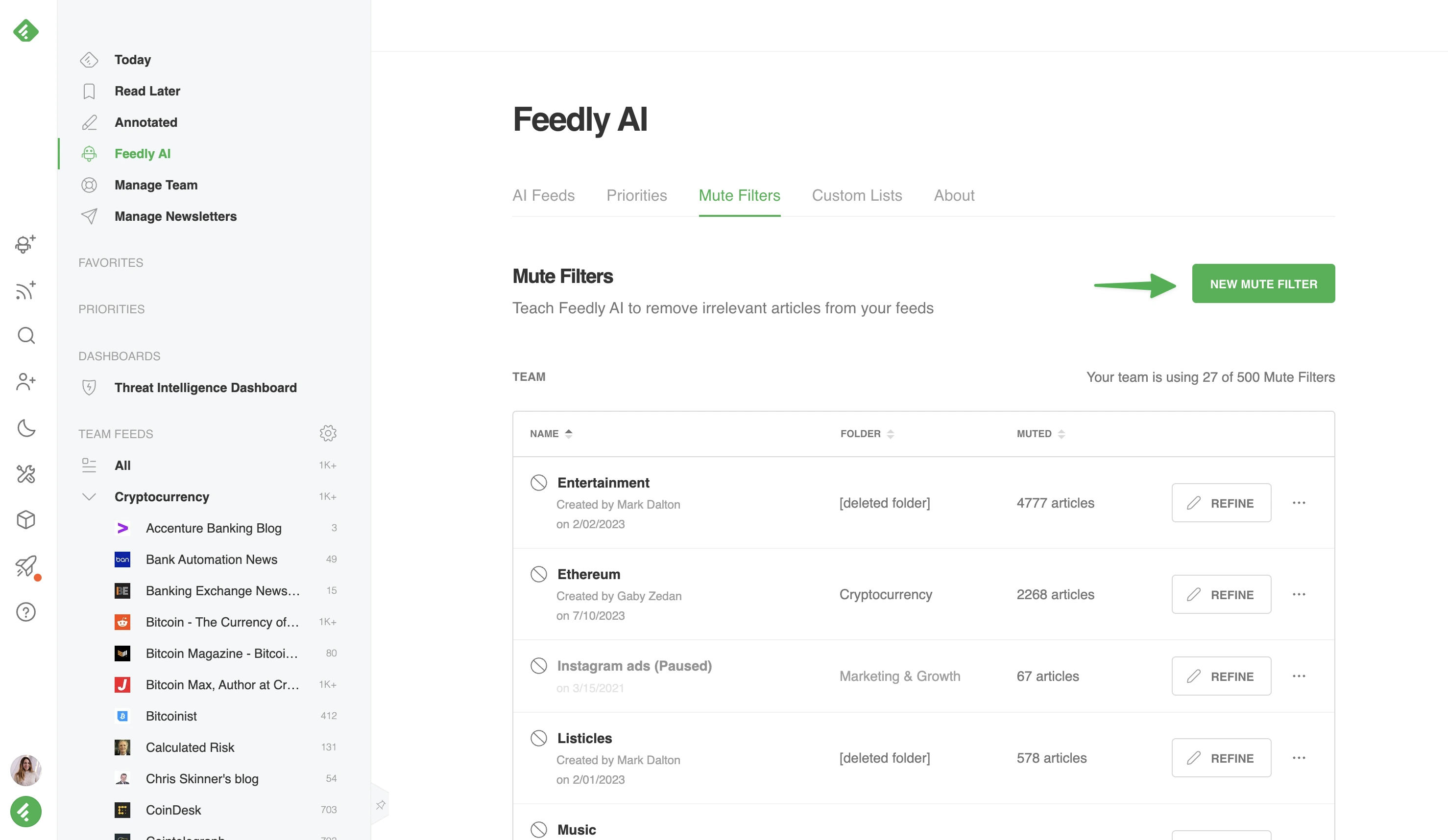 Feedly dashboard screenshot highlighting AI-powered content aggregation and customizable feeds for monitoring competitors and industry trends.