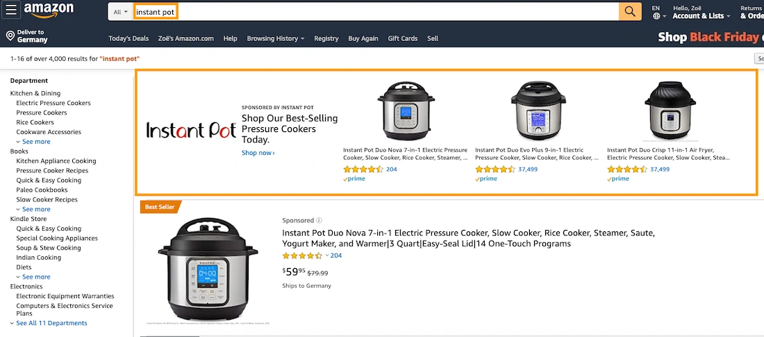 Screenshot of Amazon search results for 'instant pot', showing a sponsored brand banner at the top with the Instant Pot logo and three featured products. Below it, a 'Best Seller' listing for the Instant Pot Duo Nova 7-in-1 Electric Pressure Cooker appears with price, rating, and Prime shipping details.