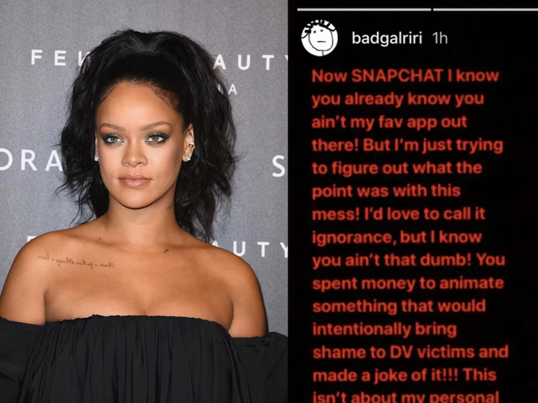 Rihanna at a Fenty Beauty event alongside a screenshot of her Instagram story criticizing Snapchat for an offensive ad involving domestic violence victims.