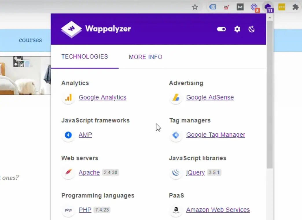 A screenshot of the Wappalyzer browser extension interface displaying detected website technologies. The purple header bar shows the Wappalyzer logo and menu icons. The "Technologies" tab lists categories including Analytics (Google Analytics), Advertising (Google AdSense), JavaScript frameworks (AMP), Tag managers (Google Tag Manager), Web servers (Apache 2.4.38), JavaScript libraries (jQuery 3.5.1), Programming languages (PHP 7.4.23), and PaaS (Amazon Web Services). The extension panel overlays part of a webpage in the background.