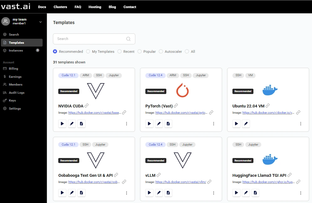 A screenshot of the Vast.ai user dashboard displaying the Templates section. The sidebar on the left includes menu options like Search, Templates, Instances, Billing, Earnings, Members, Audit Logs, Keys, and Settings. The main panel shows multiple recommended virtual machine and container templates, including NVIDIA CUDA, PyTorch, Ubuntu 22.04 VM, Oobabooga Text Gen UI & API, vLLM, and HuggingFace Llama3 TGI API. Tags like CUDA, SSH, Jupyter, ARM, and VM are visible on the templates.