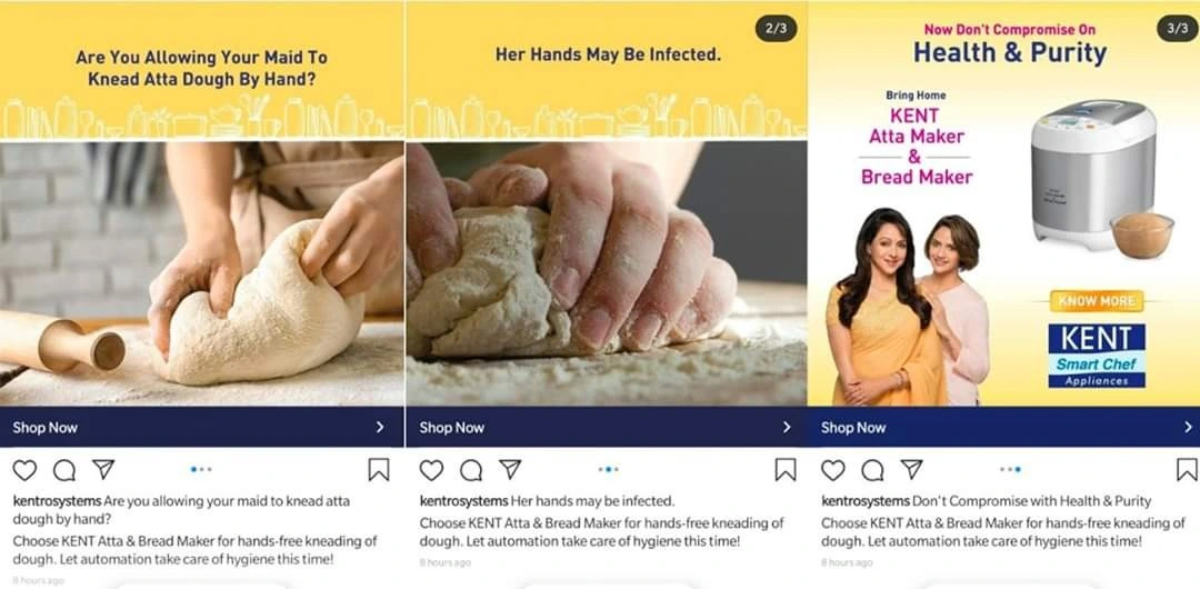 “Three-part Instagram ad from Kent showing hands kneading dough, followed by a hygiene warning, and concluding with a promotion for the Kent Atta & Bread Maker appliance featuring two women.”