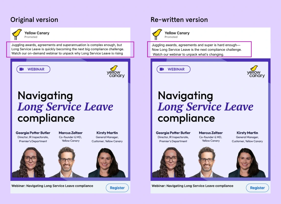 “Side-by-side comparison of a LinkedIn ad from Yellow Canary showing the original and rewritten versions of a webinar promotion on long service leave compliance.”