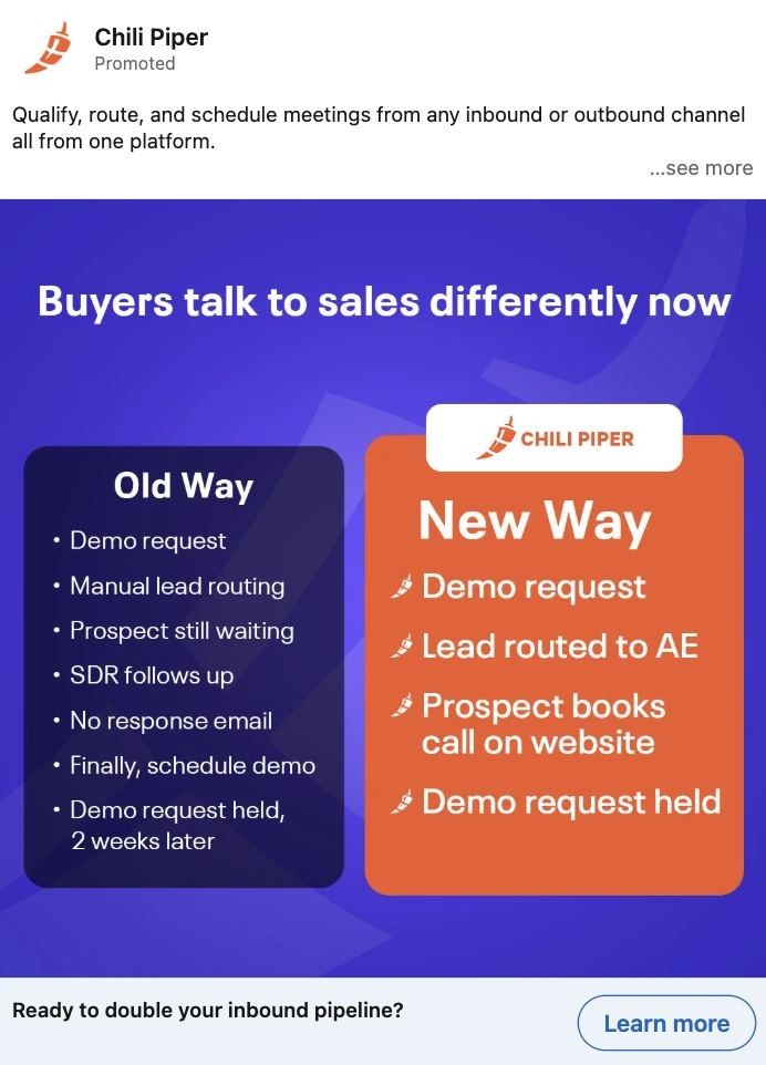 A side-by-side comparison of old vs new sales workflows promoted by Chili Piper. Left column ("Old Way") lists issues like manual routing and long delays. Right column ("New Way") shows a smoother process: demo request, lead routed to AE, prospect books call, and demo is held.