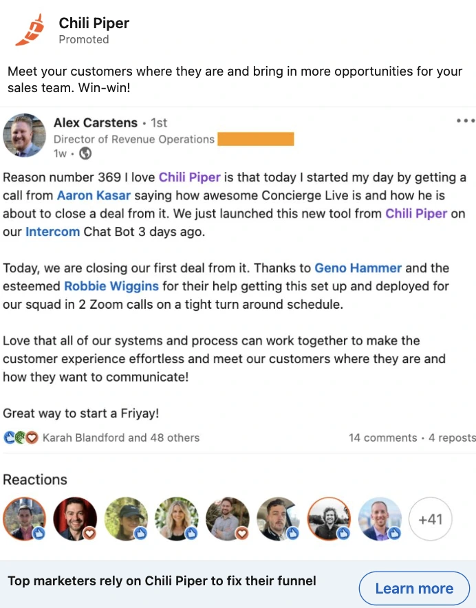 A promoted LinkedIn post by Chili Piper featuring a testimonial from a Director of Revenue Operations who praises the product for helping close a deal via Concierge Live shortly after launching. The post highlights teamwork, tool integration, and fast results.