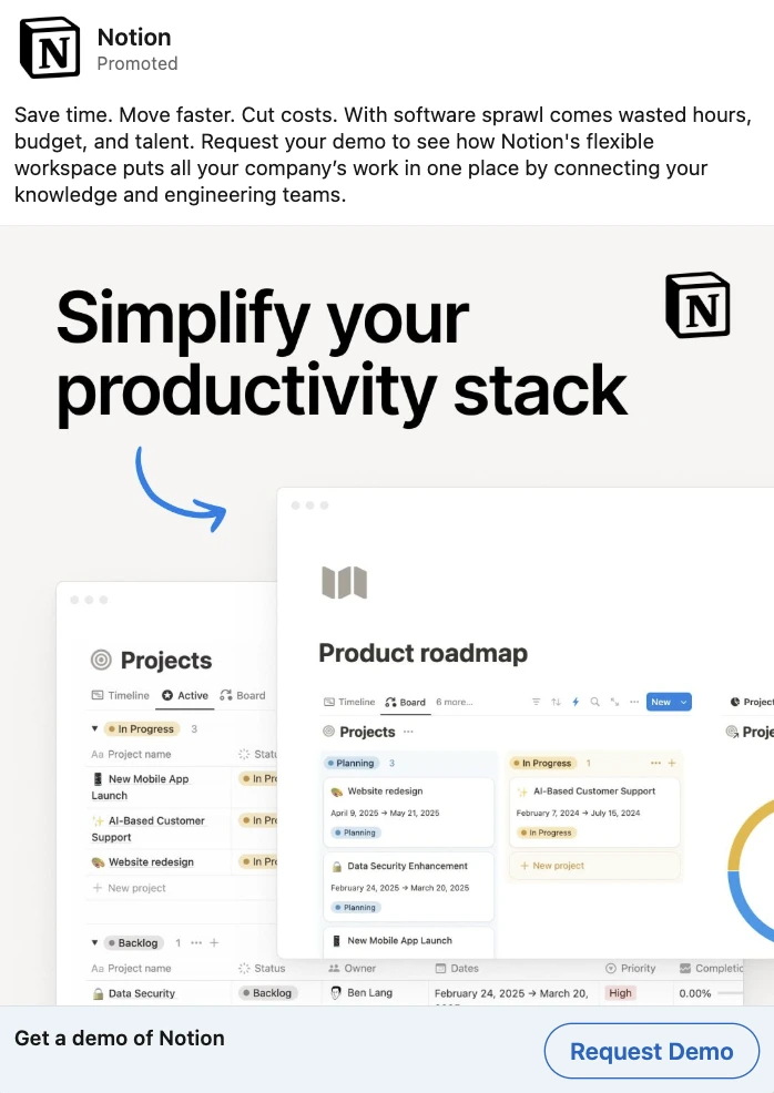 A Notion ad promoting its workspace for teams. Headline reads "Simplify your productivity stack" with screenshots of Notion’s Projects and Product Roadmap interfaces. Call to action: "Request Demo".