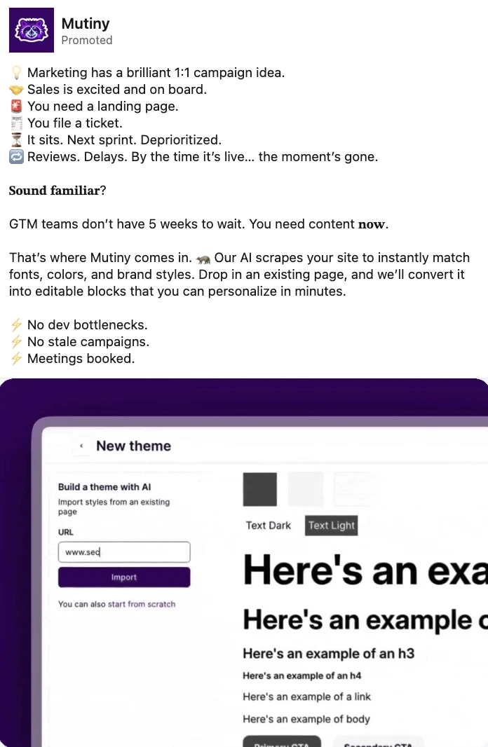 Mutiny ad addressing GTM team frustrations with slow campaign execution. Copy outlines the problem and introduces Mutiny’s AI-based landing page builder that pulls brand styles from URLs and enables instant content edits.